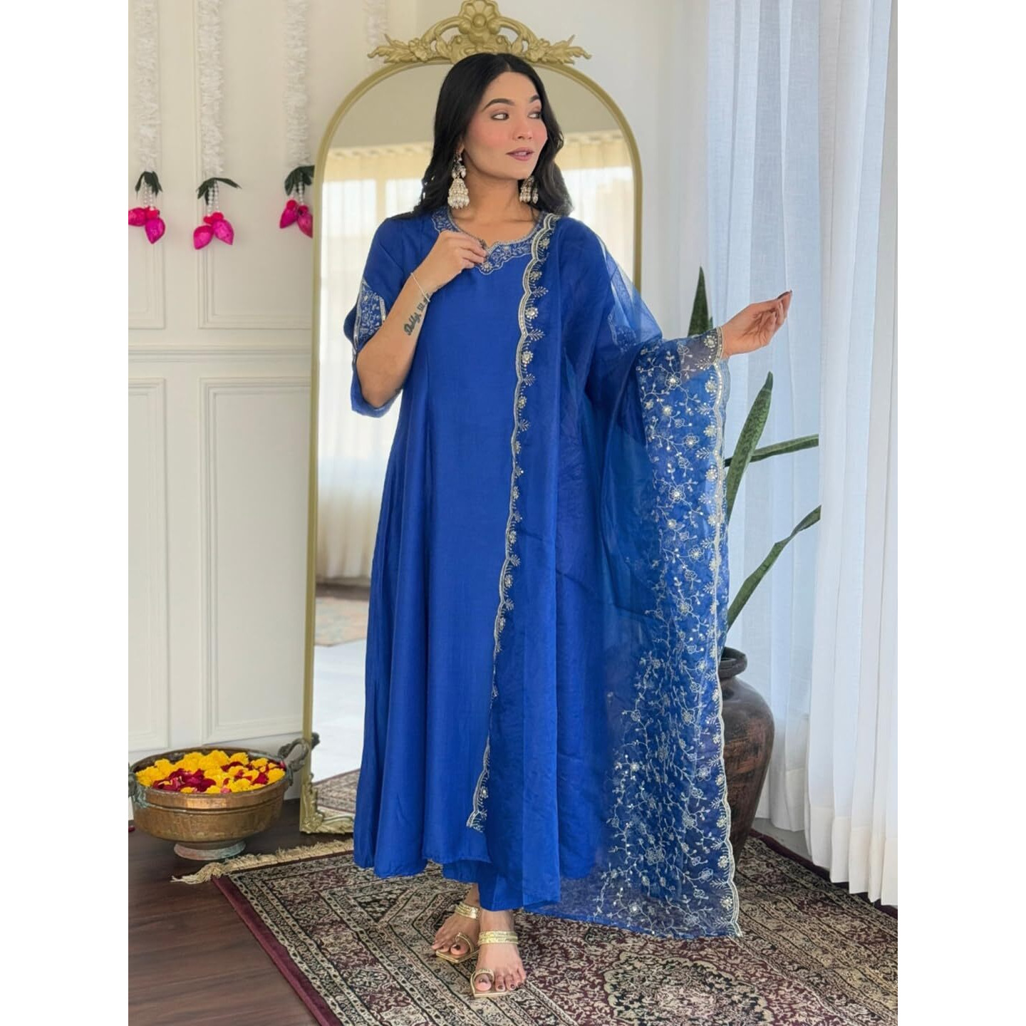 Navlik Women's Blue Viscose Silk Embroidered Flared Kurta with Viscose Silk Pant and Organza Embroidered Dupatta Sets (NK-641) (Size XX-Large, Color Blue)