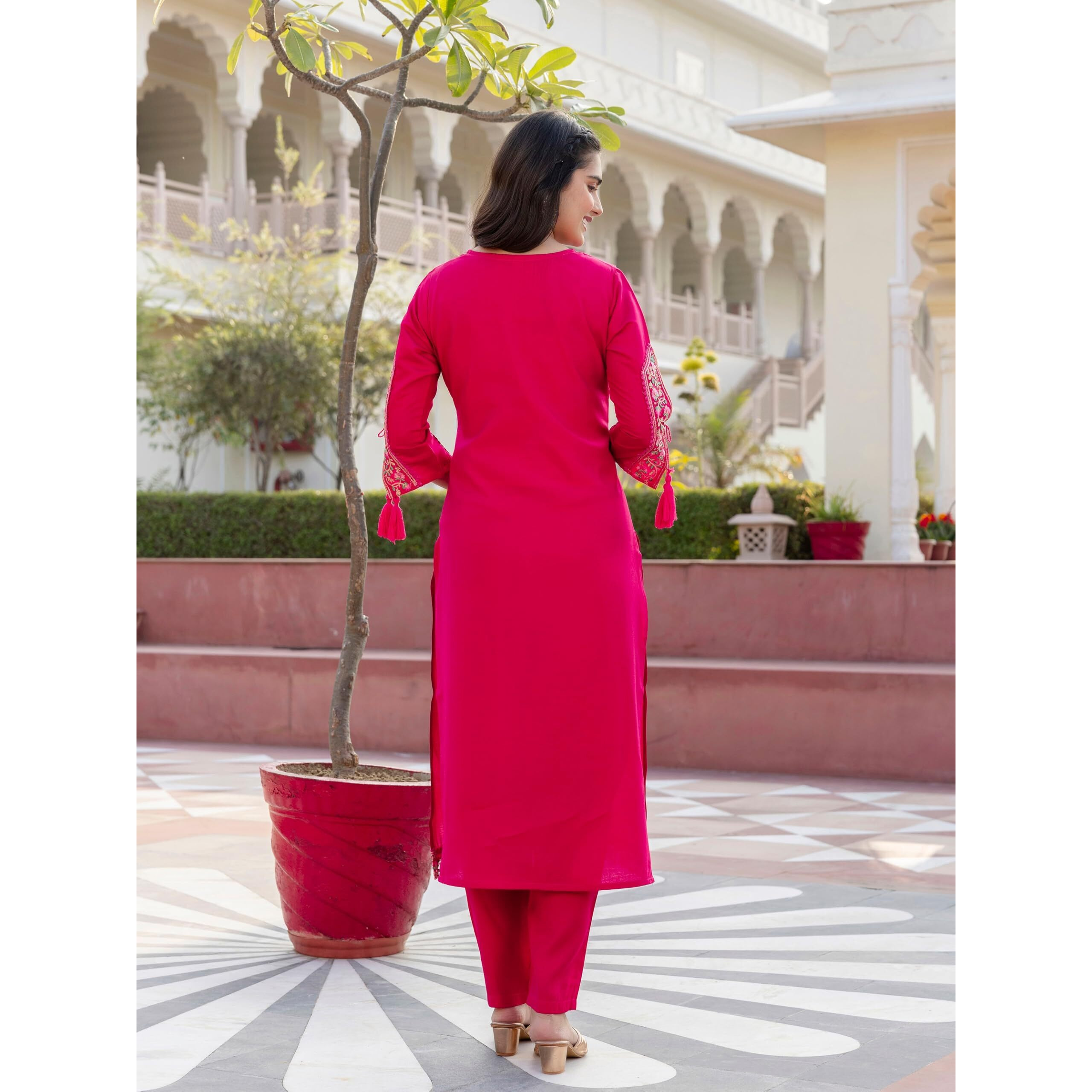 Navlik Women's BSY Viscose Embroidered Straight Kurta with Pant And Dupatta Sets (NK-642) (Size Large, Color Gajri)