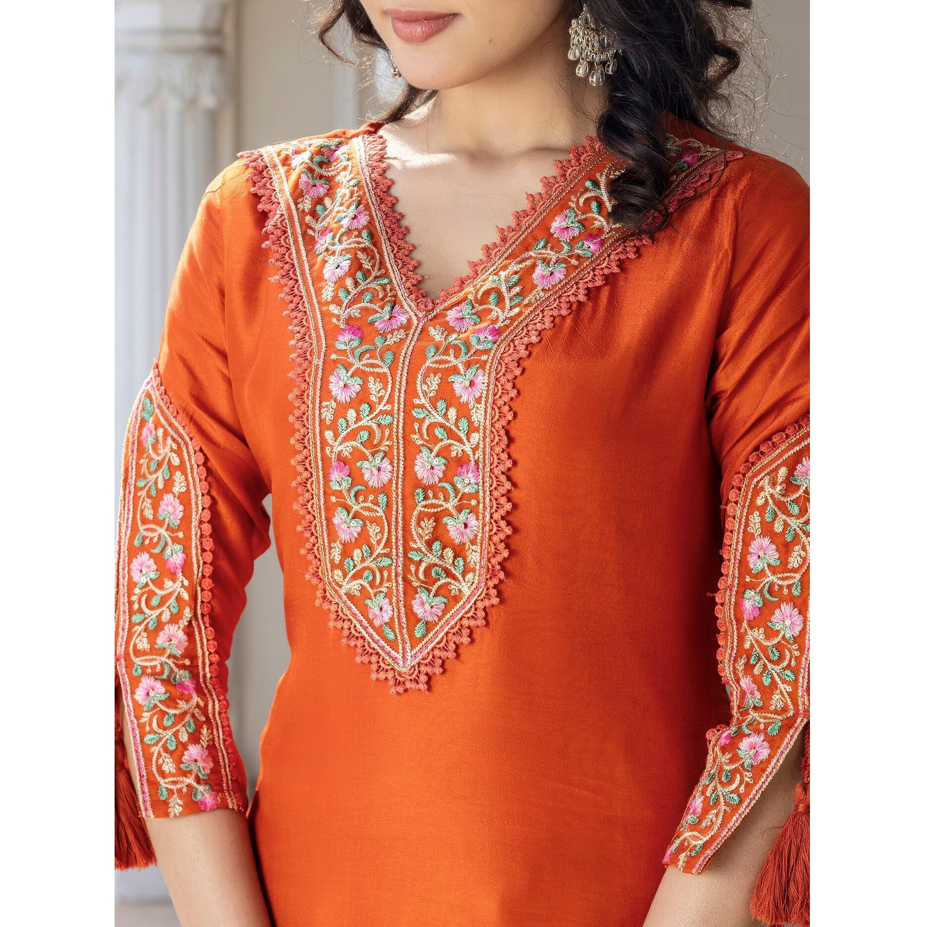 Navlik Women's BSY Viscose Embroidered Straight Kurta with Pant And Dupatta Sets (NK-642) (Size XXX-Large, Color Orange)