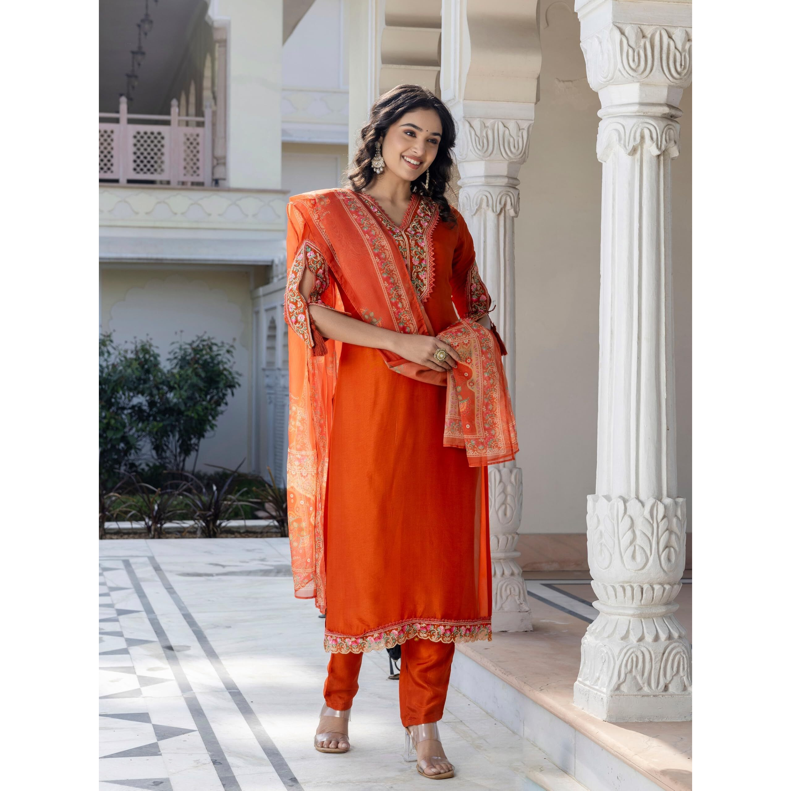 Navlik Women's BSY Viscose Embroidered Straight Kurta with Pant And Dupatta Sets (NK-642) (Size Large, Color Orange)