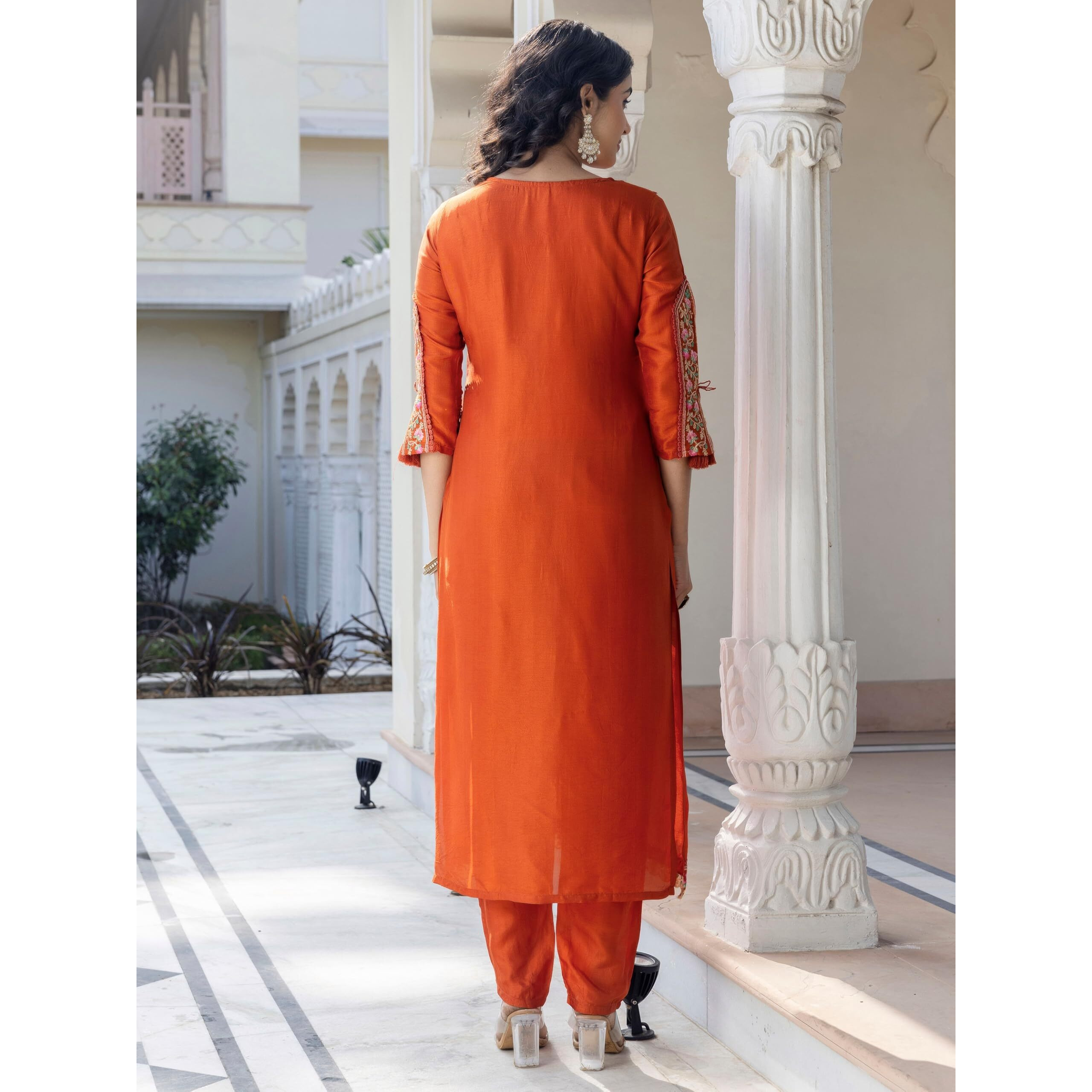 Navlik Women's BSY Viscose Embroidered Straight Kurta with Pant And Dupatta Sets (NK-642) (Size Large, Color Orange)
