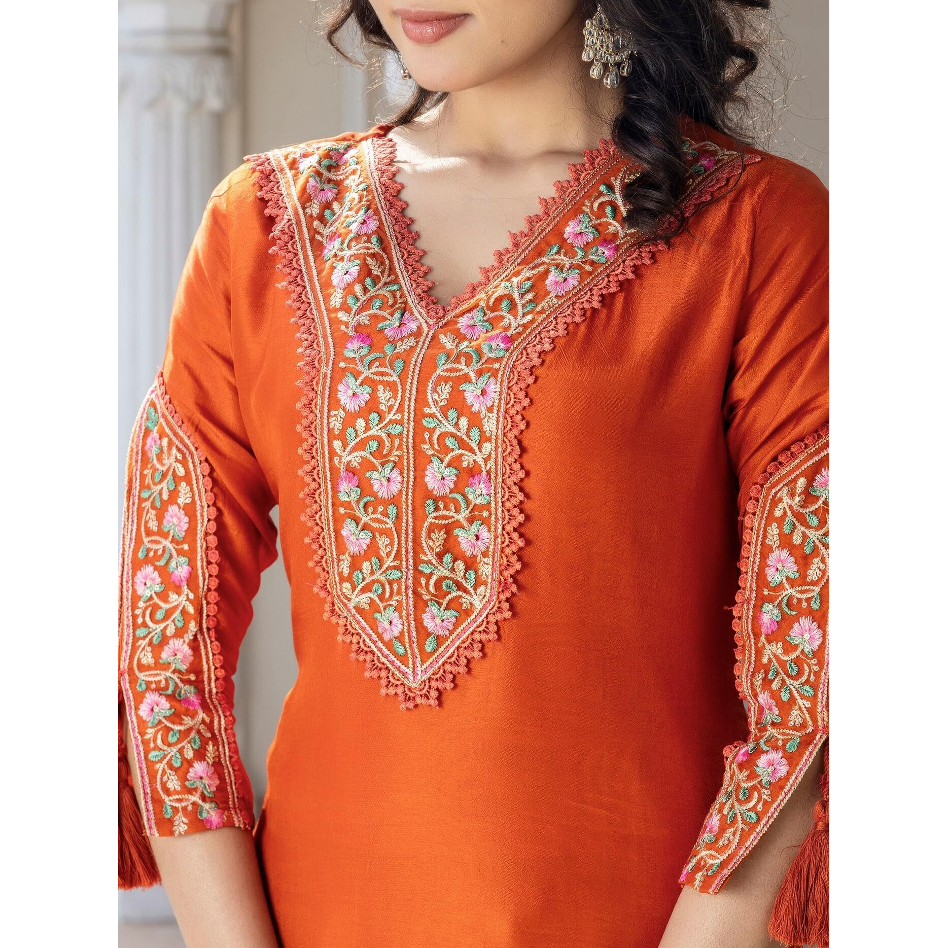 Navlik Women's BSY Viscose Embroidered Straight Kurta with Pant And Dupatta Sets (NK-642) (Size Large, Color Orange)