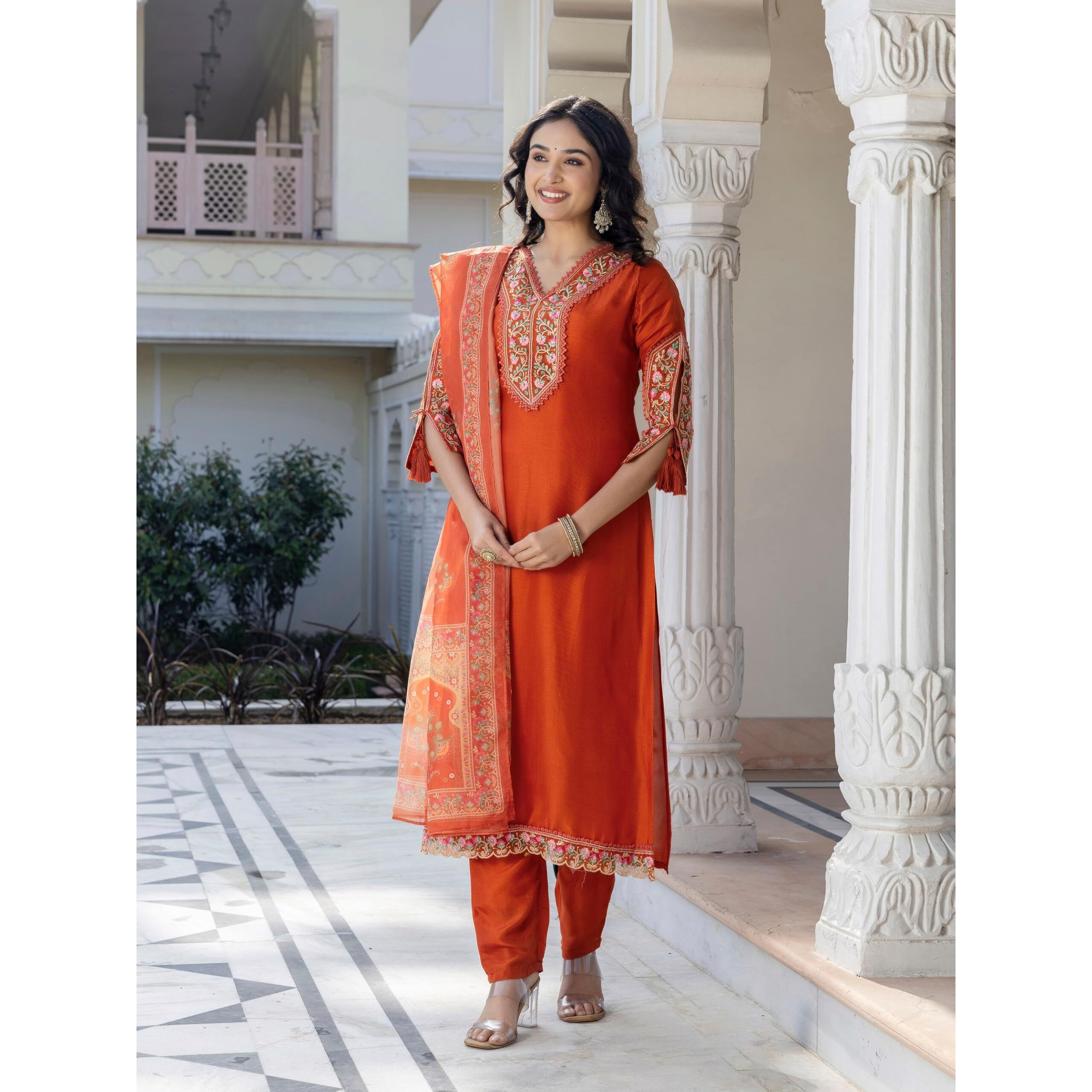 Navlik Women's BSY Viscose Embroidered Straight Kurta with Pant And Dupatta Sets (NK-642) (Size XX-Large, Color Orange)