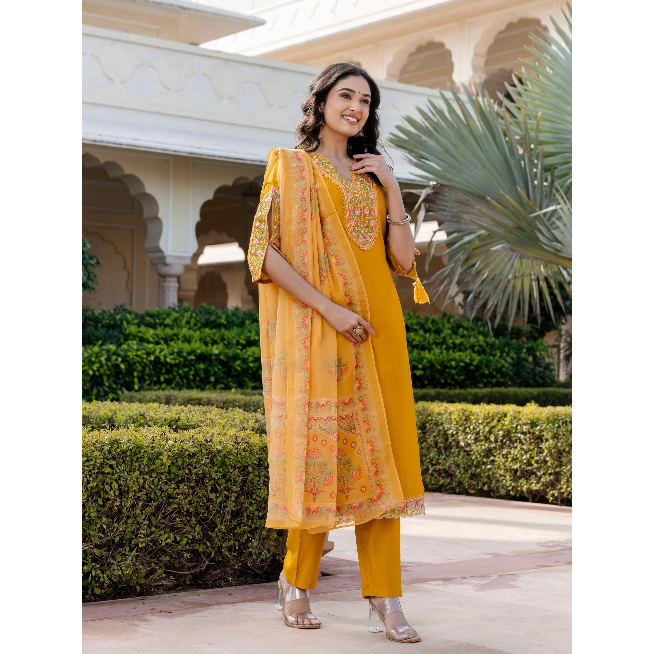 Navlik Women's BSY Viscose Embroidered Straight Kurta with Pant And Dupatta Sets (NK-642) (Size Medium, Color Yellow)