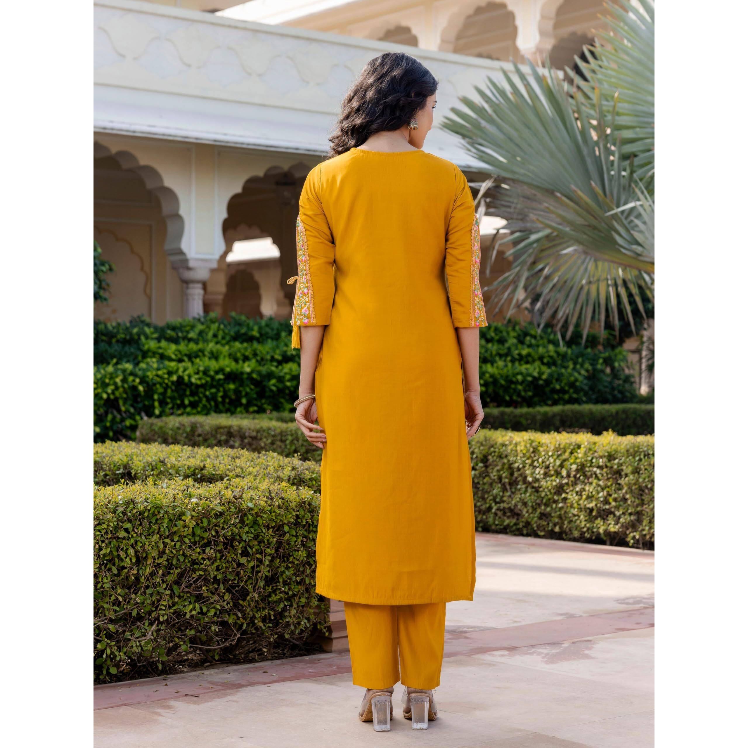 Navlik Women's BSY Viscose Embroidered Straight Kurta with Pant And Dupatta Sets (NK-642) (Size Medium, Color Yellow)