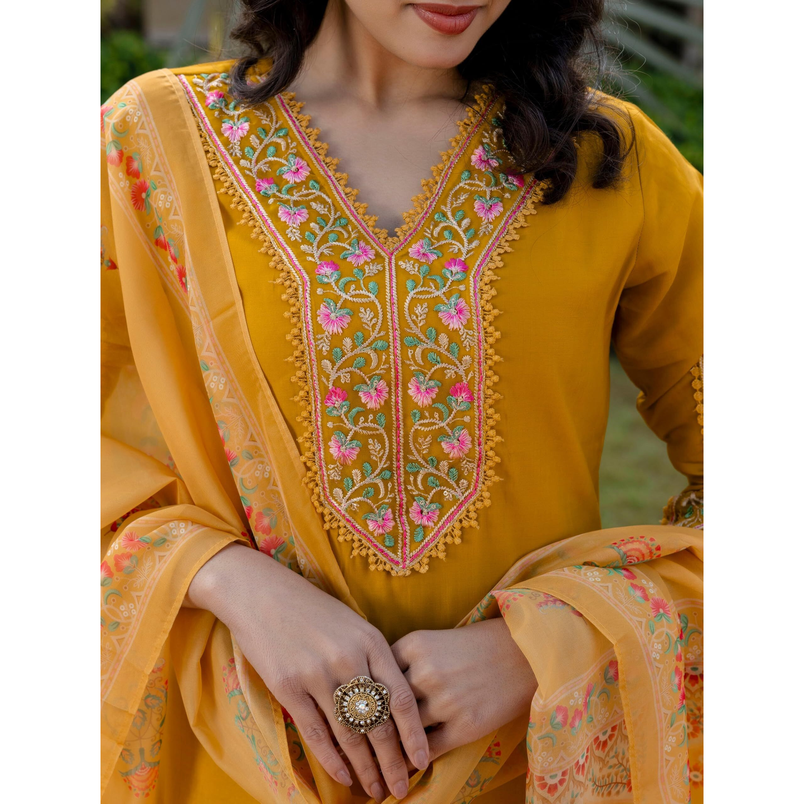 Navlik Women's BSY Viscose Embroidered Straight Kurta with Pant And Dupatta Sets (NK-642) (Size Medium, Color Yellow)