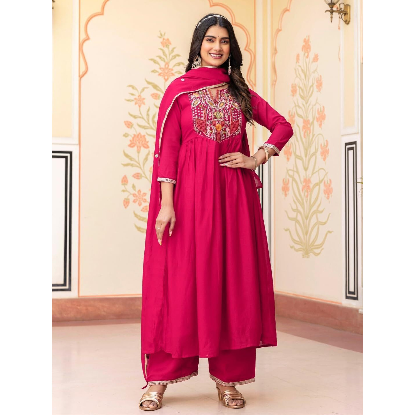 Navlik Women's Red Vichitra Silk Embroidered Flared Kurta with Rayon Pant and Chinon Embroidered Dupatta Sets (NK-643) (Size XXX-Large, Color Red)