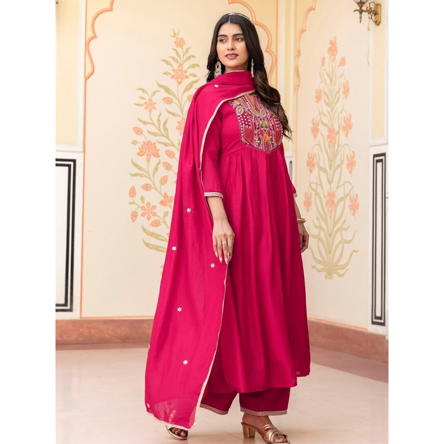 Navlik Women's Red Vichitra Silk Embroidered Flared Kurta with Rayon Pant and Chinon Embroidered Dupatta Sets (NK-643) (Size XXX-Large, Color Red)
