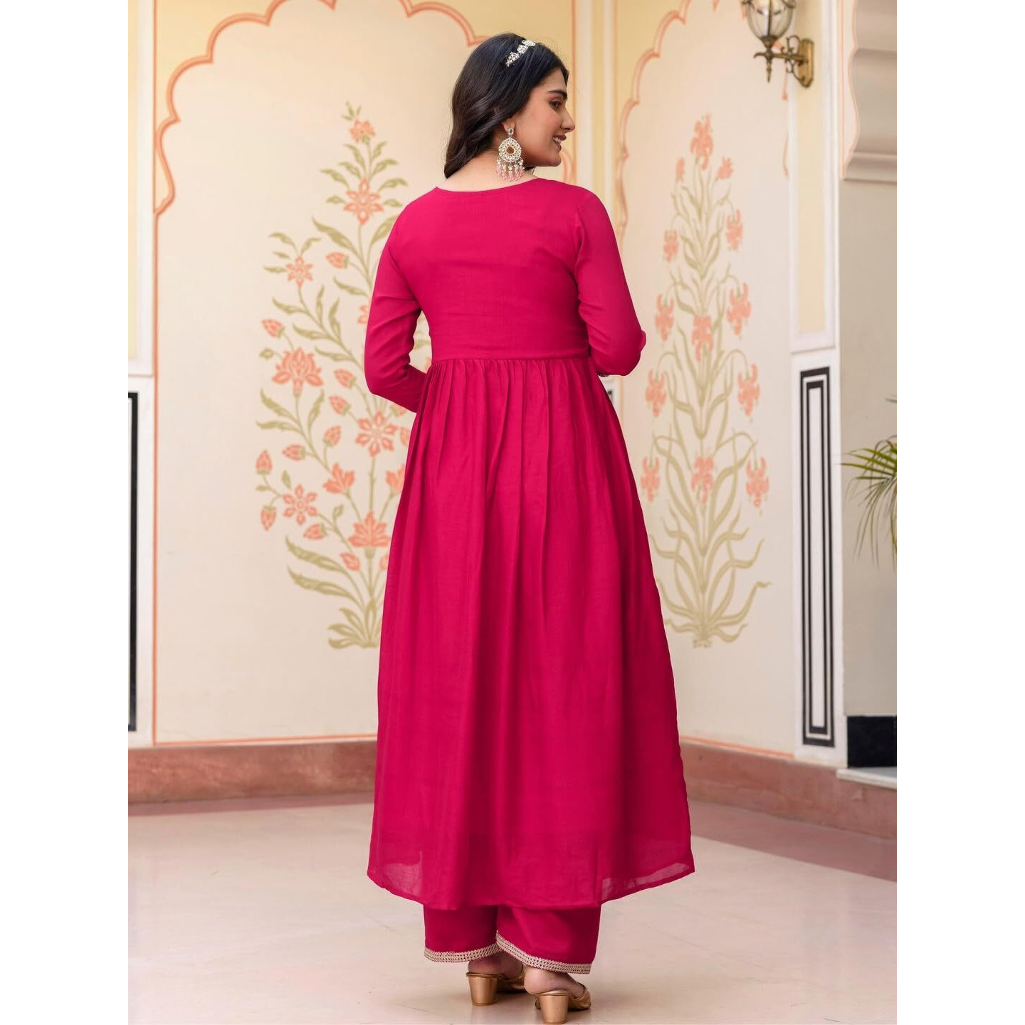 Navlik Women's Red Vichitra Silk Embroidered Flared Kurta with Rayon Pant and Chinon Embroidered Dupatta Sets (NK-643) (Size XXX-Large, Color Red)