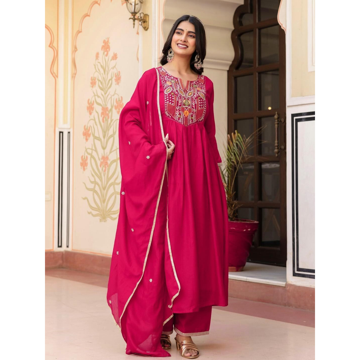 Navlik Women's Red Vichitra Silk Embroidered Flared Kurta with Rayon Pant and Chinon Embroidered Dupatta Sets (NK-643) (Size XXX-Large, Color Red)