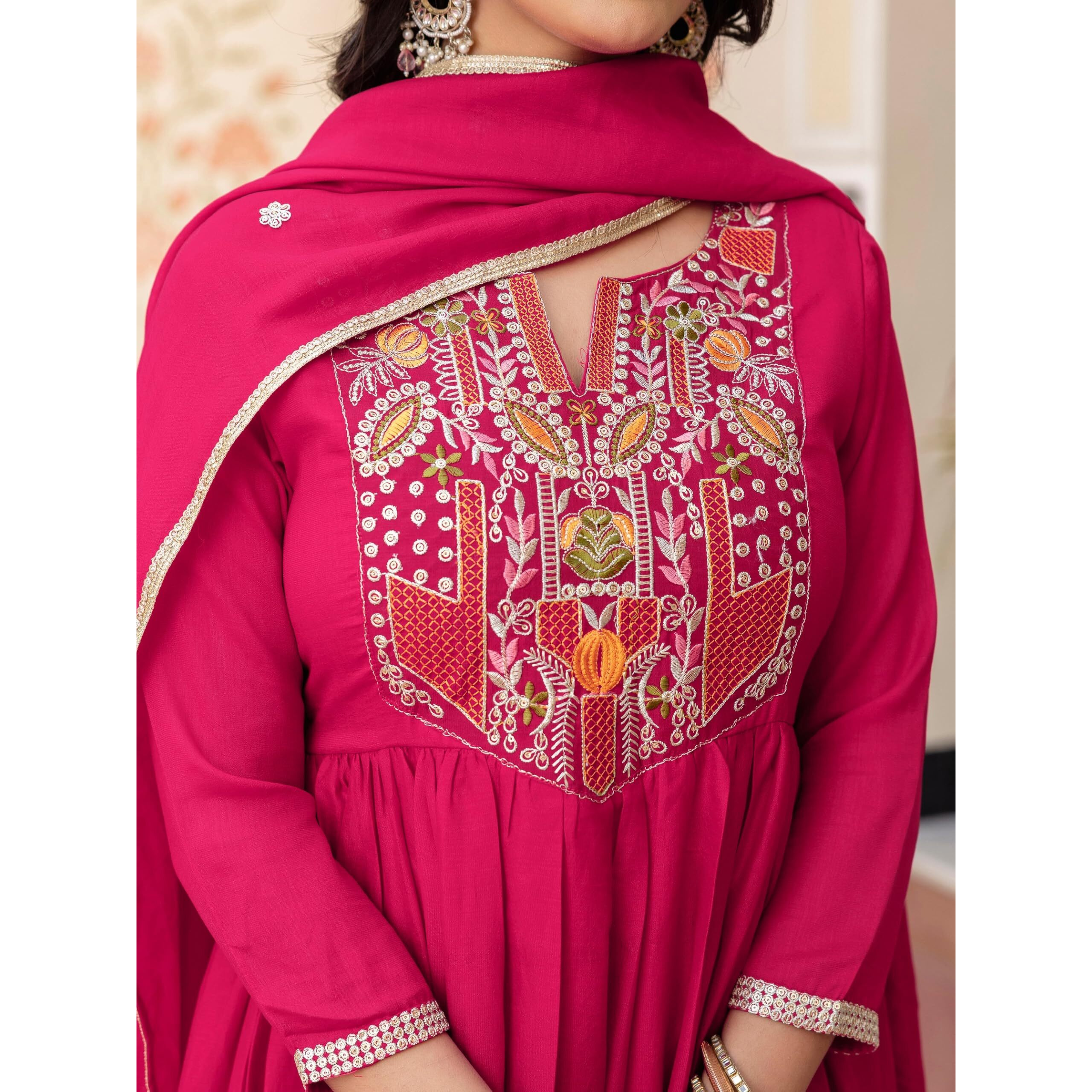 Navlik Women's Red Vichitra Silk Embroidered Flared Kurta with Rayon Pant and Chinon Embroidered Dupatta Sets (NK-643) (Size XX-Large, Color Red)