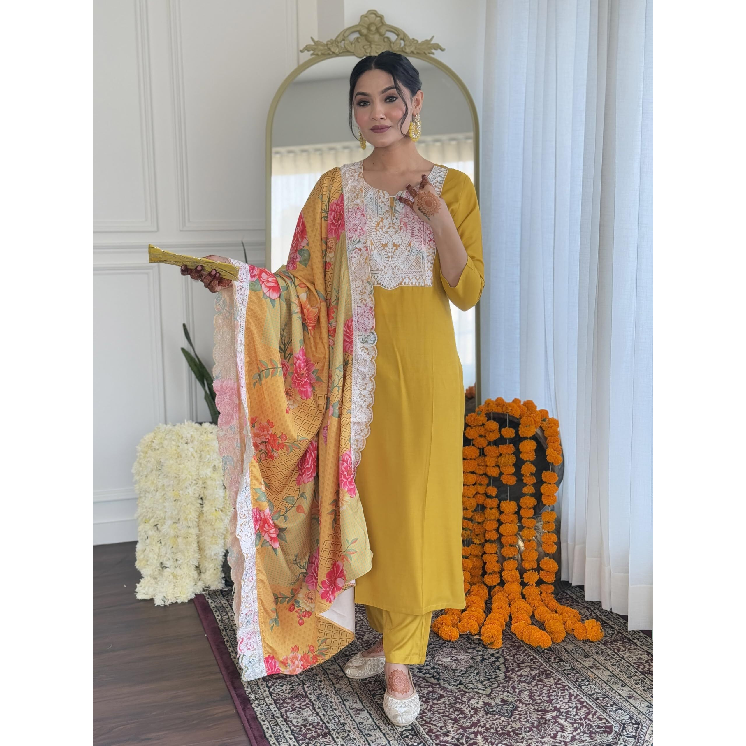 Navlik Women's Yellow BSY Viscose Embroidered Flared Kurta with BSY Viscose Pant and Art Silk Embroidered Laced Dupatta Sets (NK-645) (Size Medium, Color Yellow)