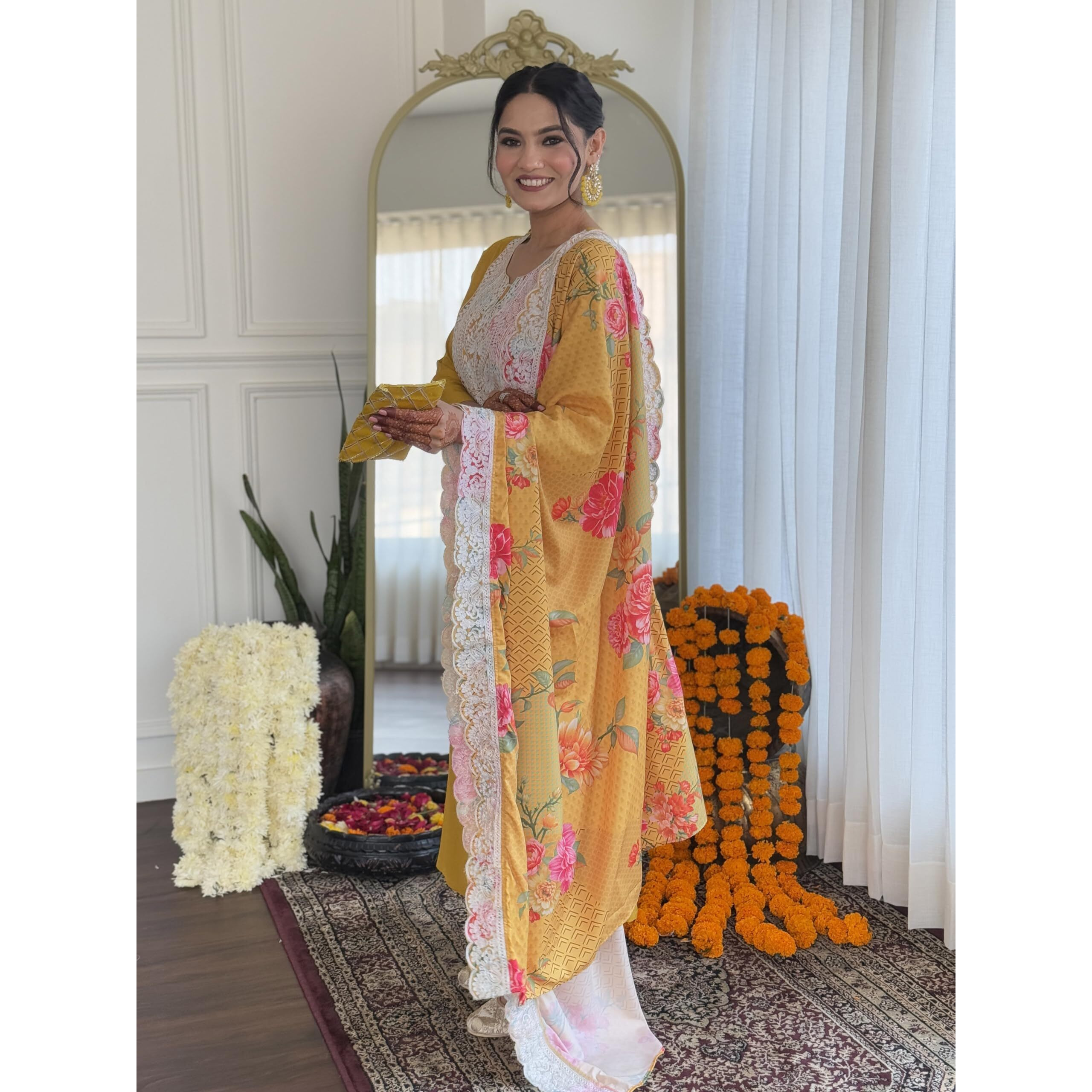 Navlik Women's Yellow BSY Viscose Embroidered Flared Kurta with BSY Viscose Pant and Art Silk Embroidered Laced Dupatta Sets (NK-645) (Size Medium, Color Yellow)