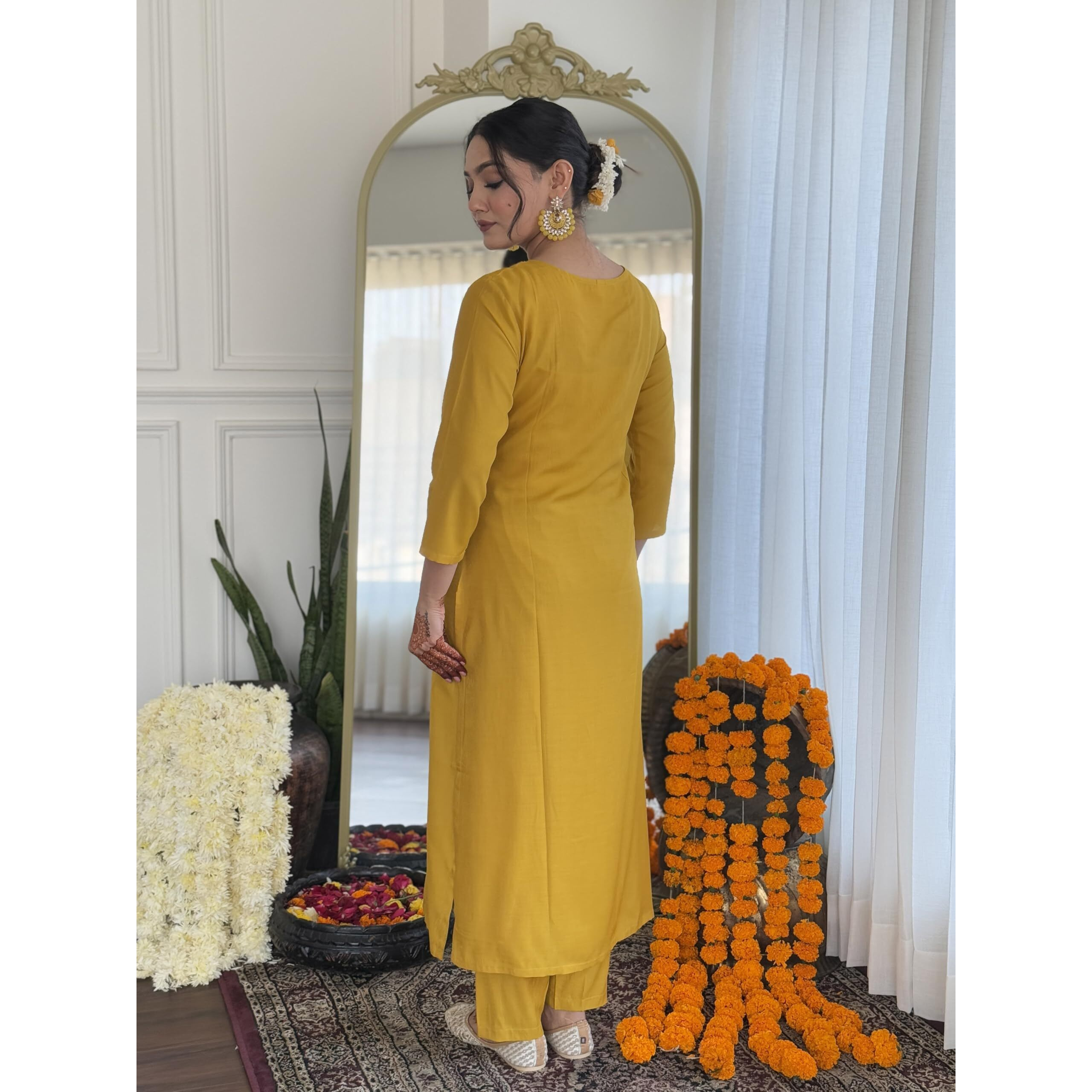 Navlik Women's Yellow BSY Viscose Embroidered Flared Kurta with BSY Viscose Pant and Art Silk Embroidered Laced Dupatta Sets (NK-645) (Size Medium, Color Yellow)