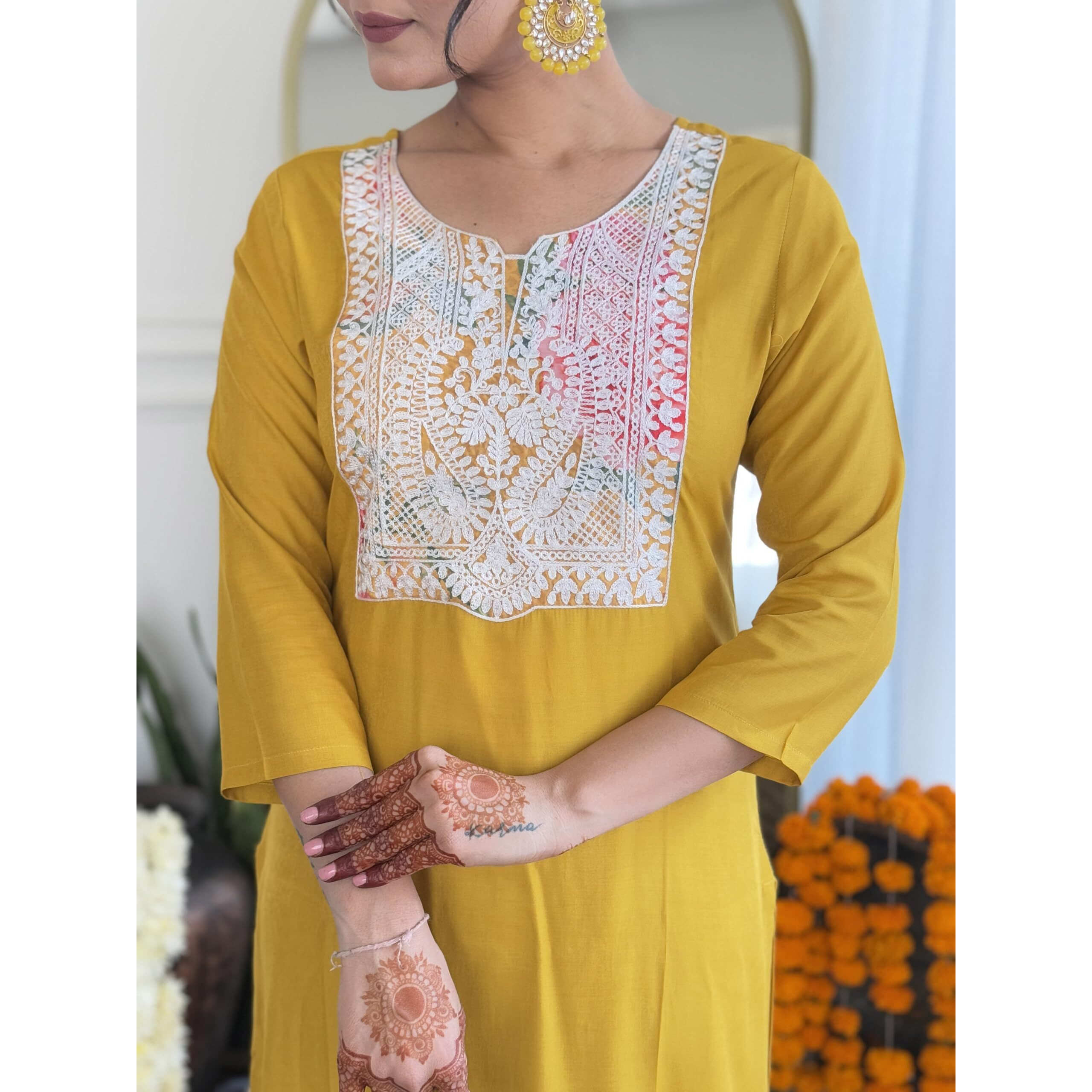 Navlik Women's Yellow BSY Viscose Embroidered Flared Kurta with BSY Viscose Pant and Art Silk Embroidered Laced Dupatta Sets (NK-645) (Size Medium, Color Yellow)