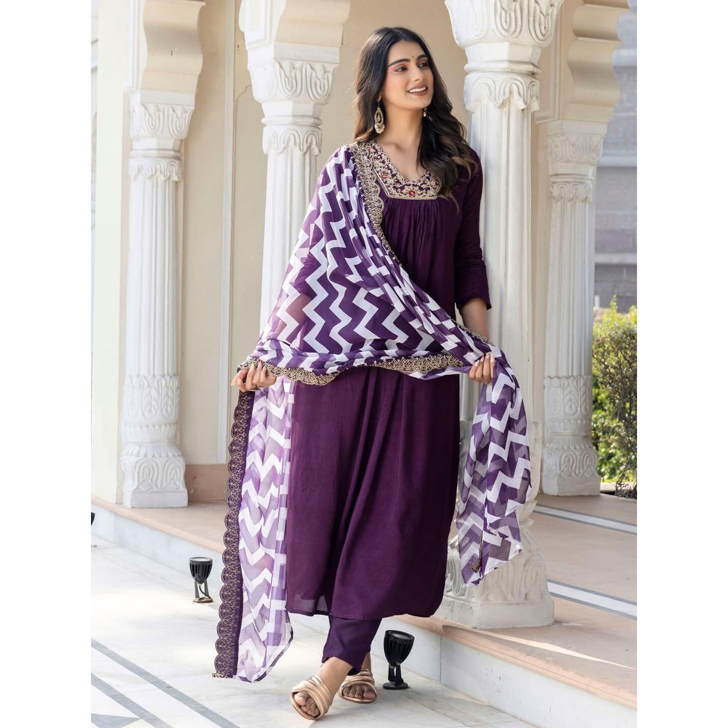 Navlik Women's Wine BSY Viscose Embroidered A-Line Kurta with BSY Viscose Pant and Taby Laced Dupatta Sets (NK-647) (Size Small, Color Wine)