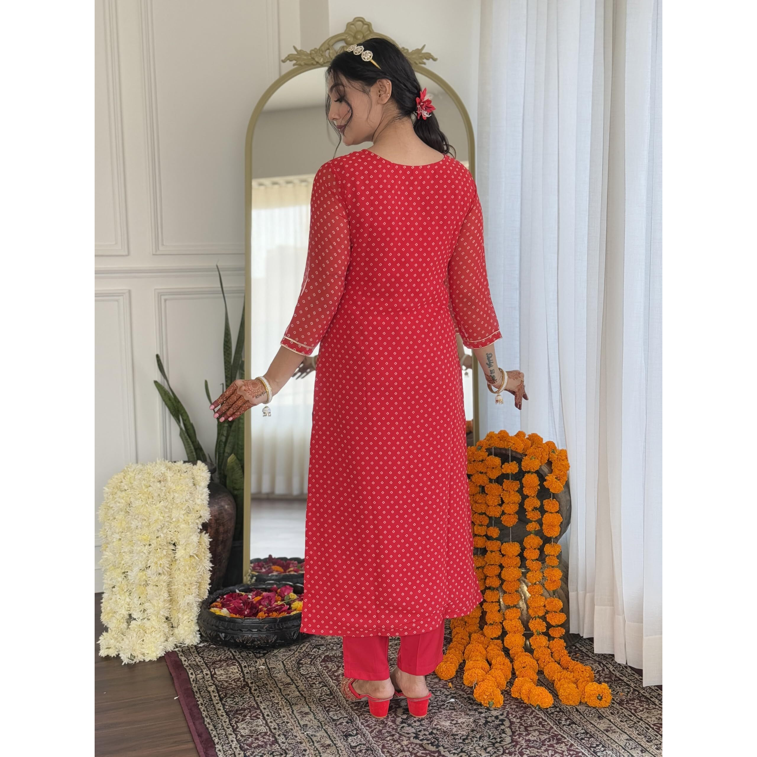 Navlik Women's Vichitra Silk Embroidery Printed Straight Kurta with Pant and Dupatta Sets (NK-648) (Size Large, Color Red)