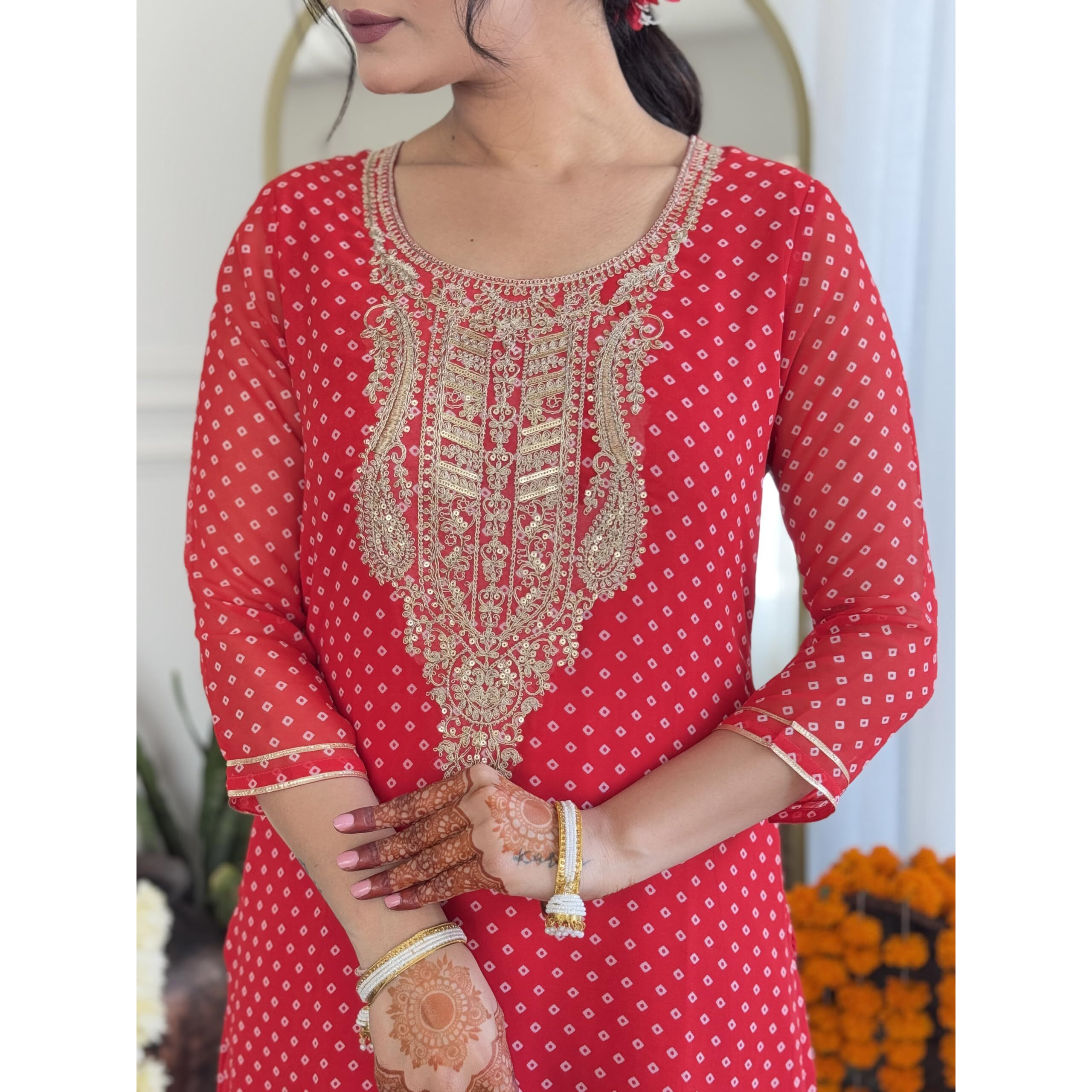 Navlik Women's Vichitra Silk Embroidery Printed Straight Kurta with Pant and Dupatta Sets (NK-648) (Size Large, Color Red)