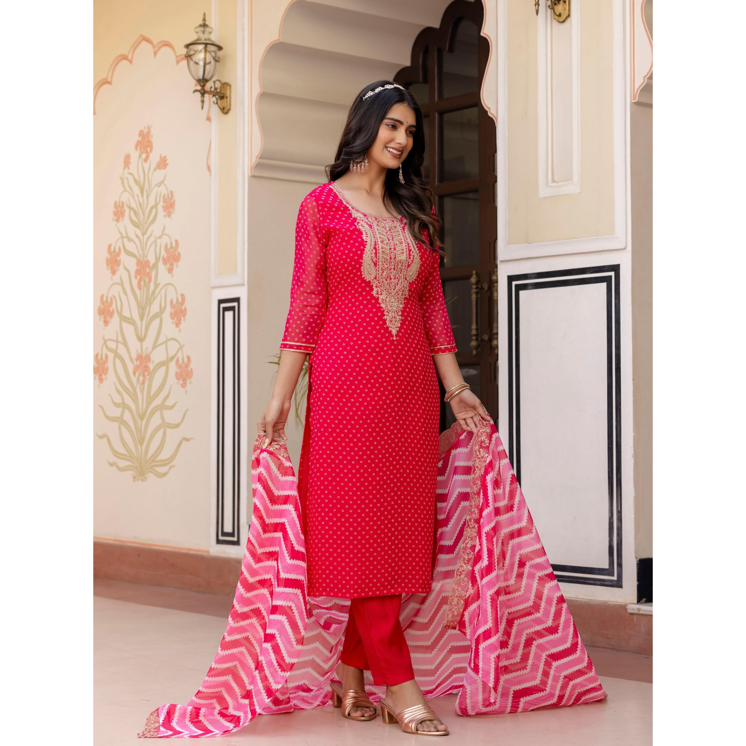 Navlik Women's Vichitra Silk Embroidery Printed Straight Kurta with Pant and Dupatta Sets (NK-648) (Size X-Large, Color Red)