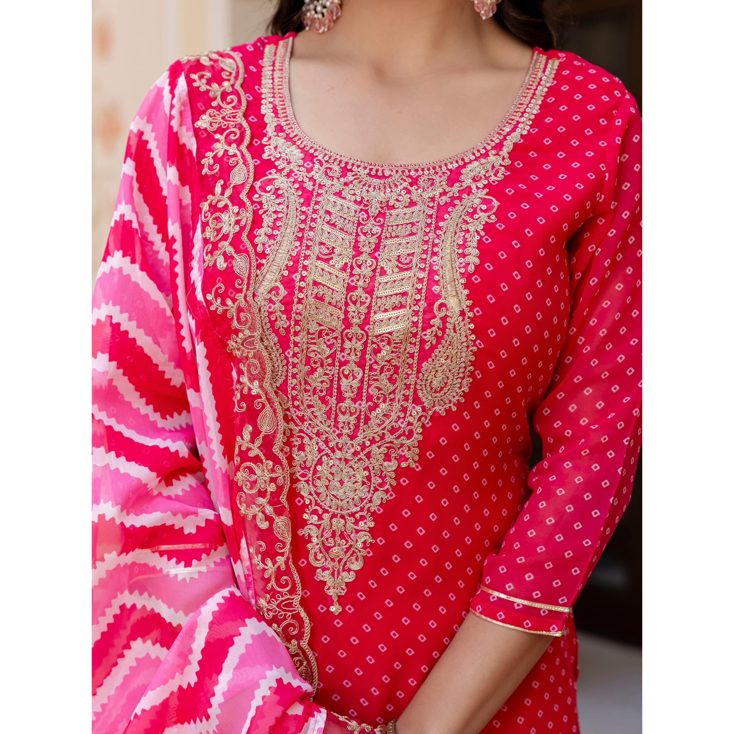 Navlik Women's Vichitra Silk Embroidery Printed Straight Kurta with Pant and Dupatta Sets (NK-648) (Size X-Large, Color Red)