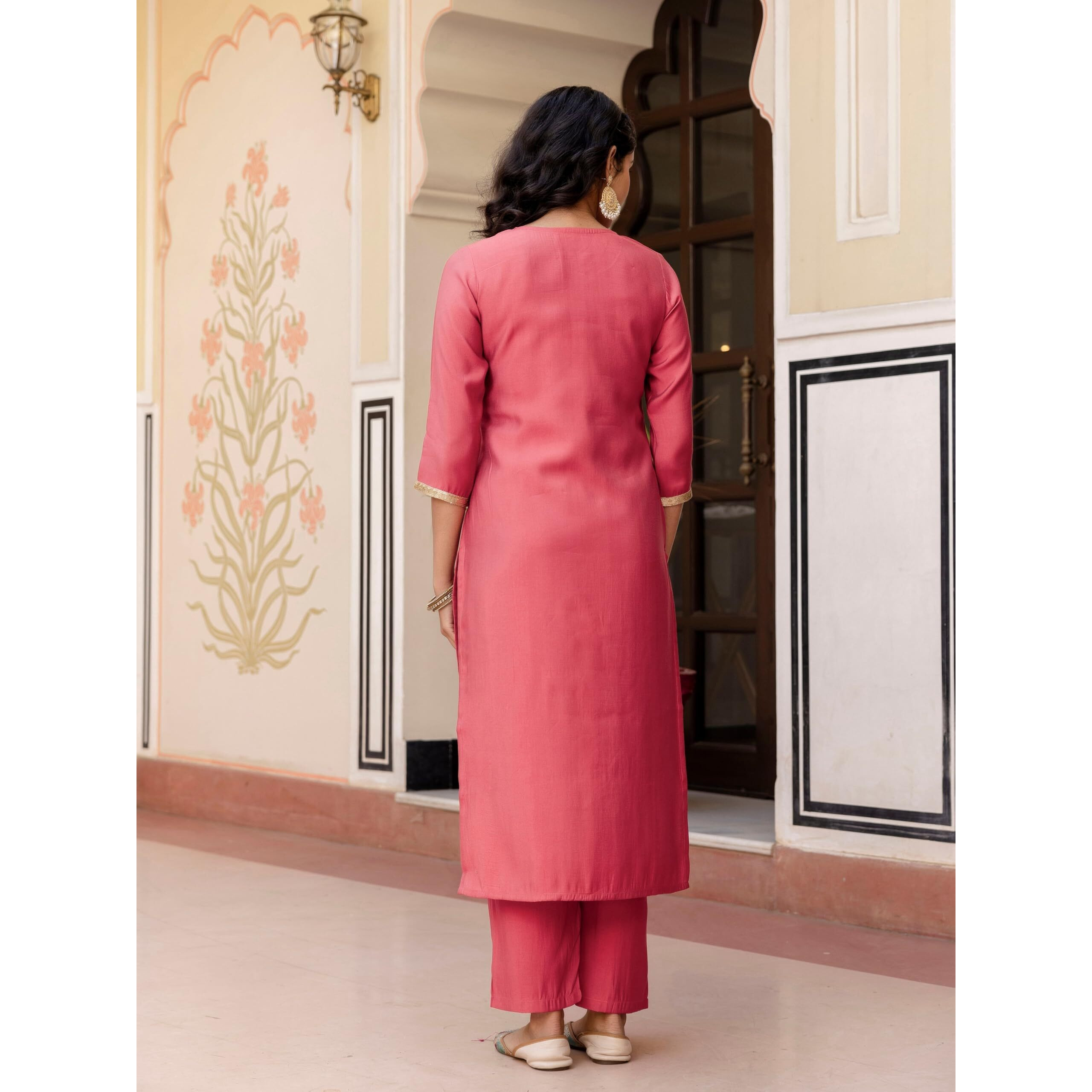 Navlik Women's Gajri Chanderi Embroidered Straight Kurta with Chanderi Pant and Organza Jacquard Dupatta Sets (NK-653) (Size XXX-Large, Color Gajri)