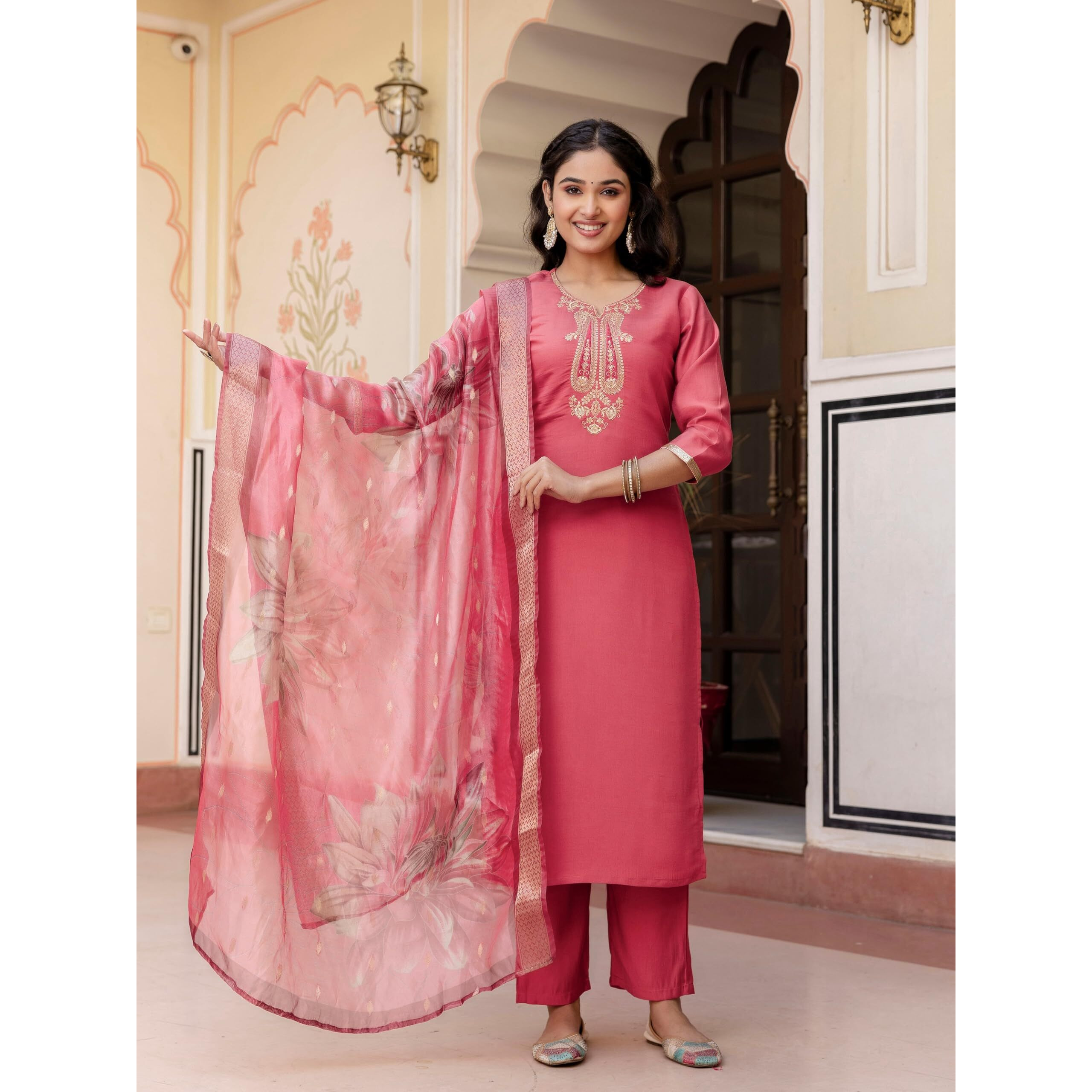 Navlik Women's Gajri Chanderi Embroidered Straight Kurta with Chanderi Pant and Organza Jacquard Dupatta Sets (NK-653) (Size Medium, Color Gajri)
