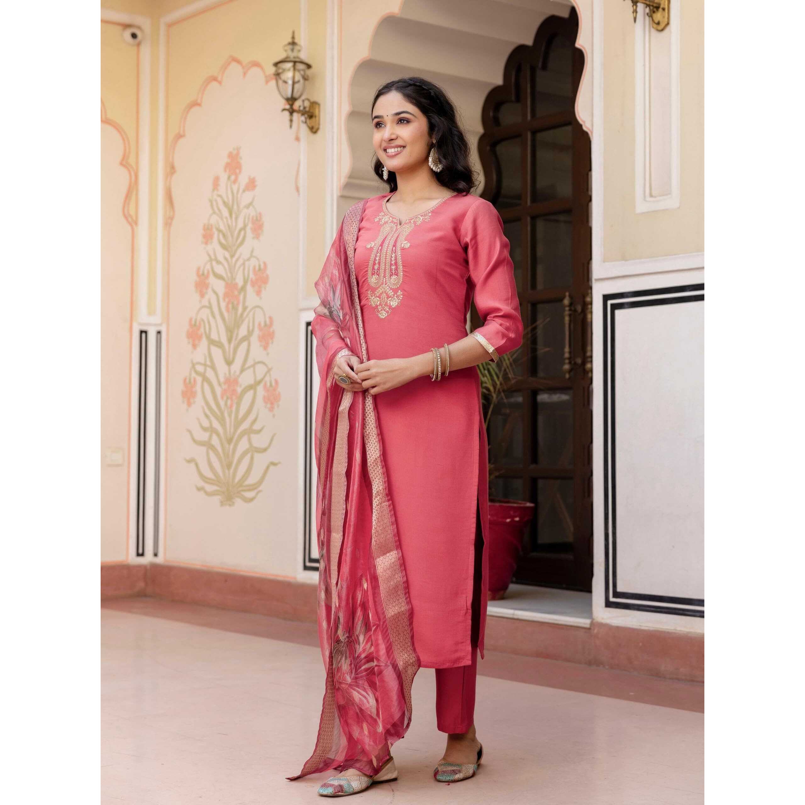 Navlik Women's Gajri Chanderi Embroidered Straight Kurta with Chanderi Pant and Organza Jacquard Dupatta Sets (NK-653) (Size Medium, Color Gajri)