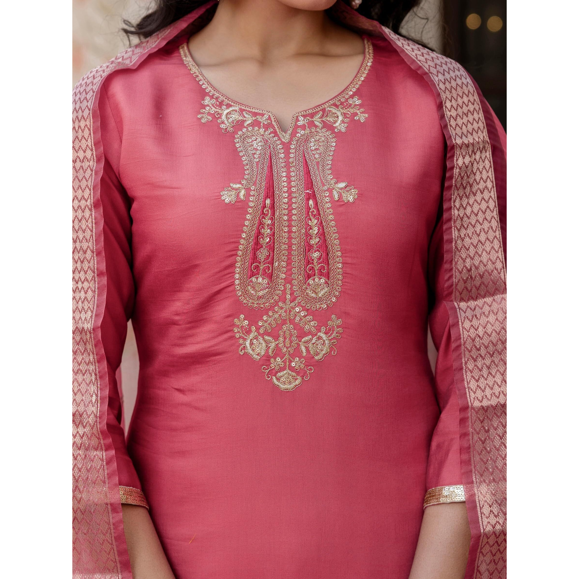 Navlik Women's Gajri Chanderi Embroidered Straight Kurta with Chanderi Pant and Organza Jacquard Dupatta Sets (NK-653) (Size Medium, Color Gajri)