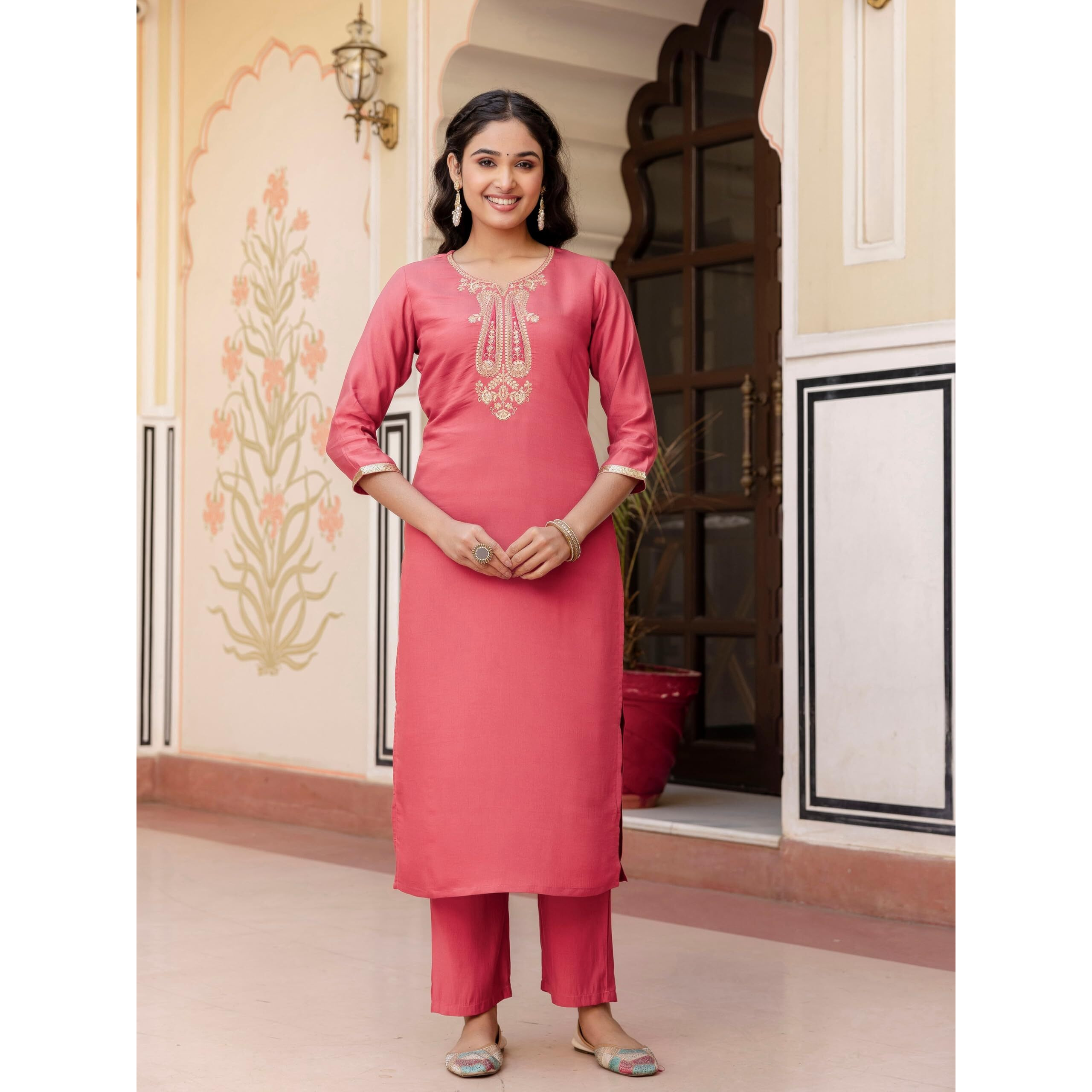 Navlik Women's Gajri Chanderi Embroidered Straight Kurta with Chanderi Pant and Organza Jacquard Dupatta Sets (NK-653) (Size Medium, Color Gajri)