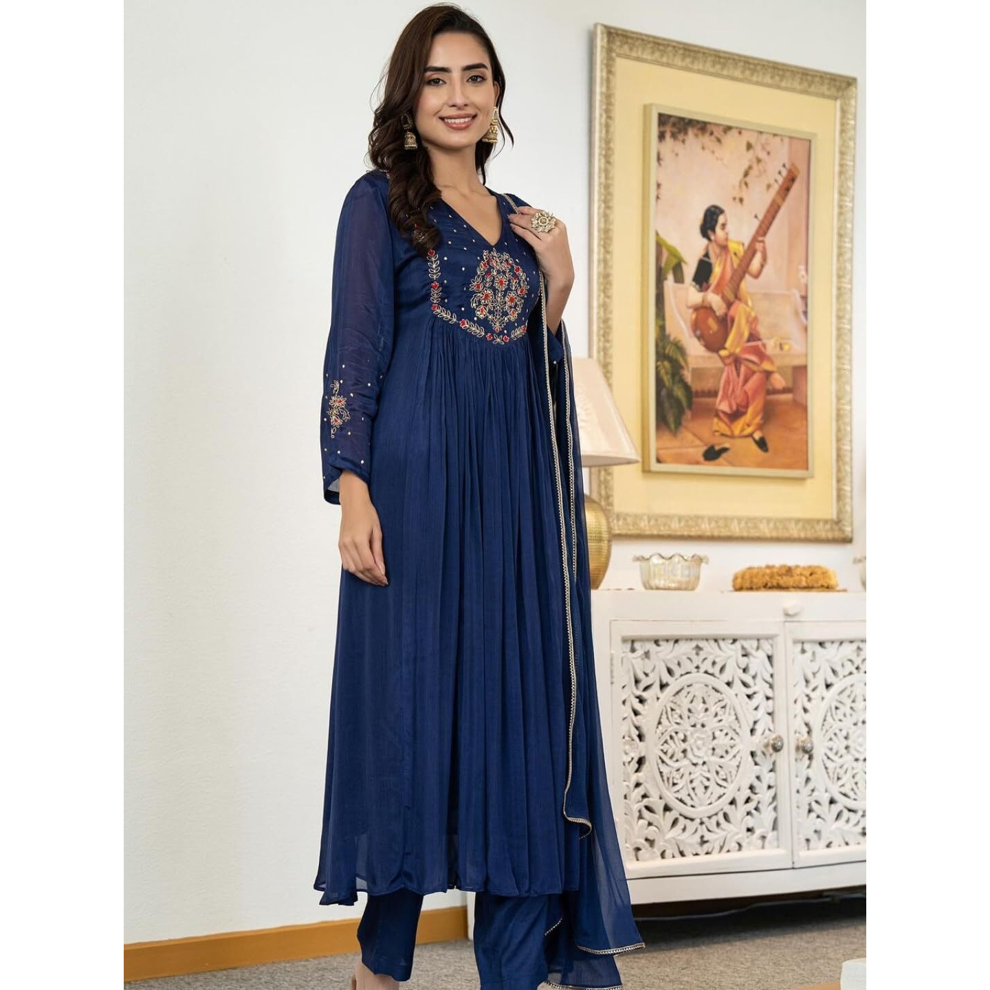 Navlik Women's Silk Chiffon Embroidered A-Line Kurta with Pant And Dupatta Sets (NK-661) (Size XXX-Large, Color Petrol)