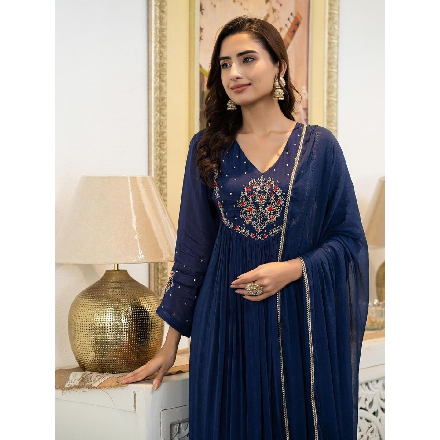 Navlik Women's Silk Chiffon Embroidered A-Line Kurta with Pant And Dupatta Sets (NK-661) (Size XXX-Large, Color Petrol)