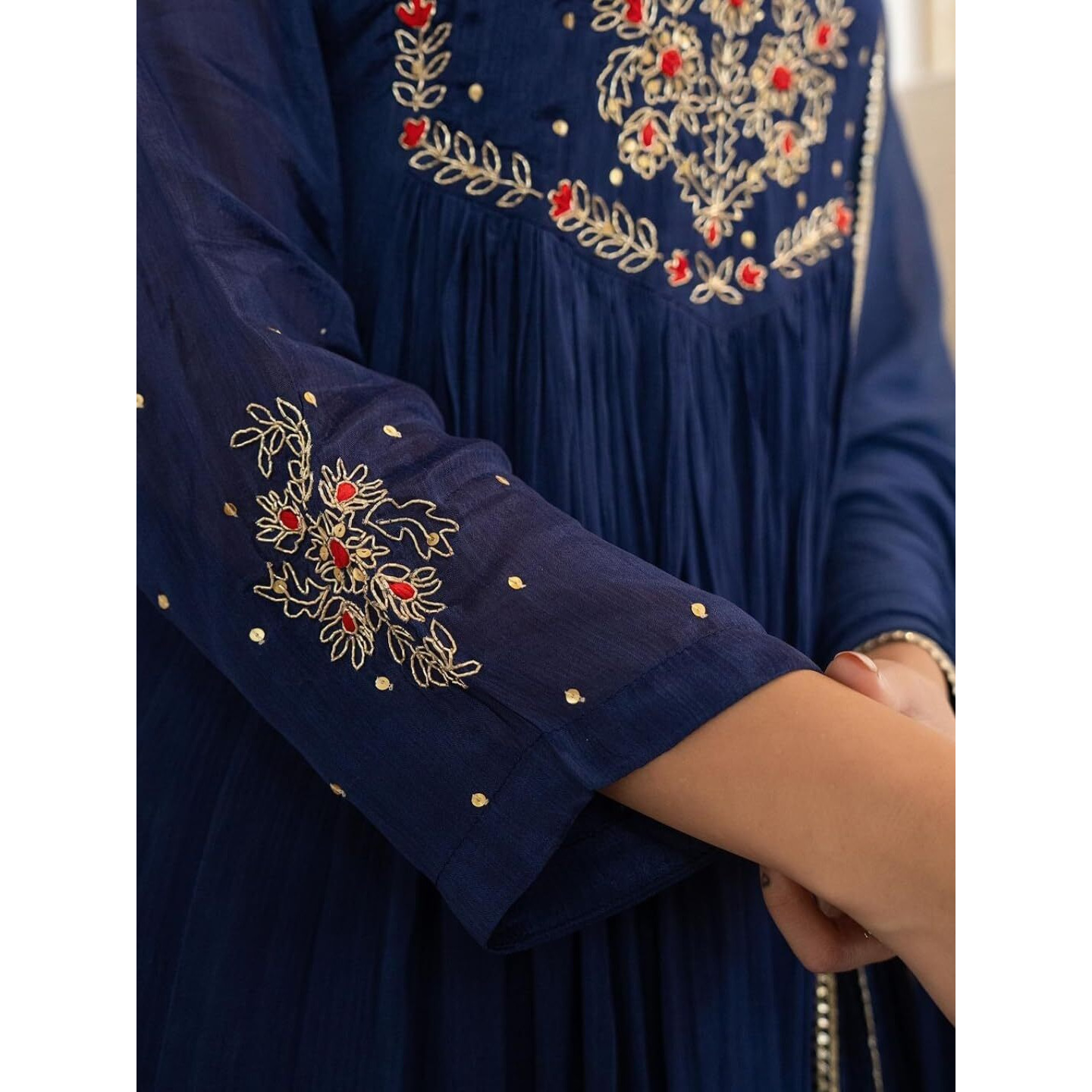 Navlik Women's Silk Chiffon Embroidered A-Line Kurta with Pant And Dupatta Sets (NK-661) (Size XXX-Large, Color Petrol)