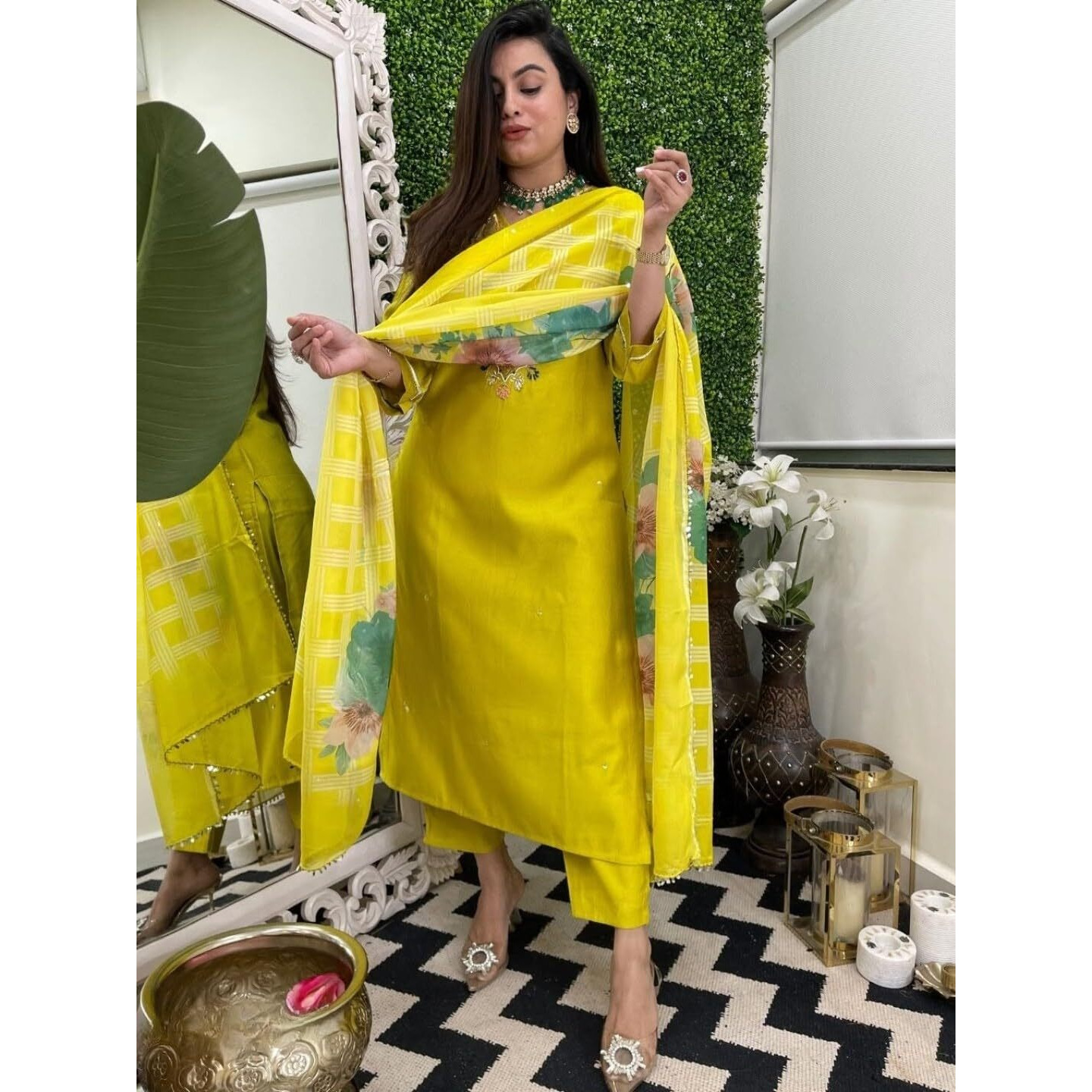Navlik Women's Viscose Embroidered Straight Kurta with Pant and Dupatta Sets (NK-664) (Size XXX-Large, Color Yellow)