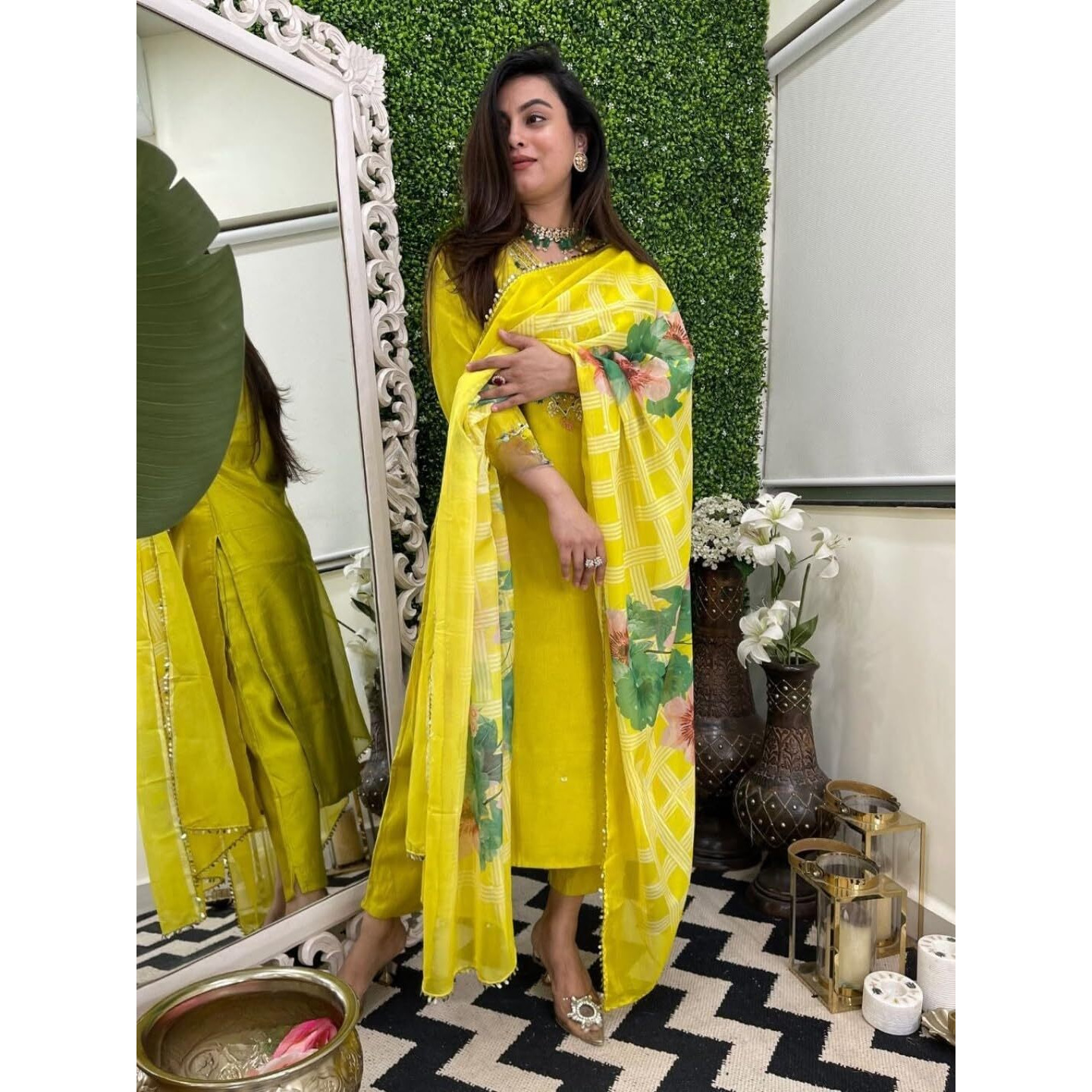 Navlik Women's Viscose Embroidered Straight Kurta with Pant and Dupatta Sets (NK-664) (Size XX-Large, Color Yellow)