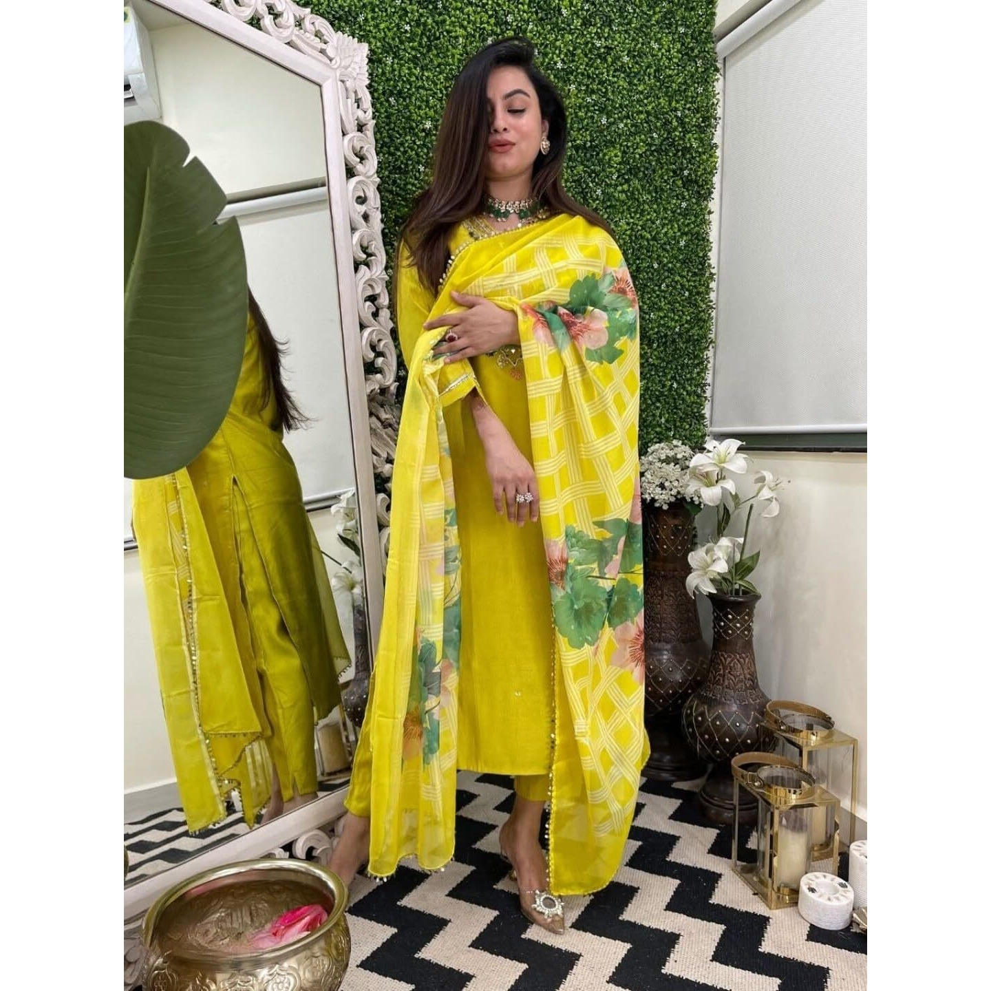 Navlik Women's Viscose Embroidered Straight Kurta with Pant and Dupatta Sets (NK-664) (Size XX-Large, Color Yellow)