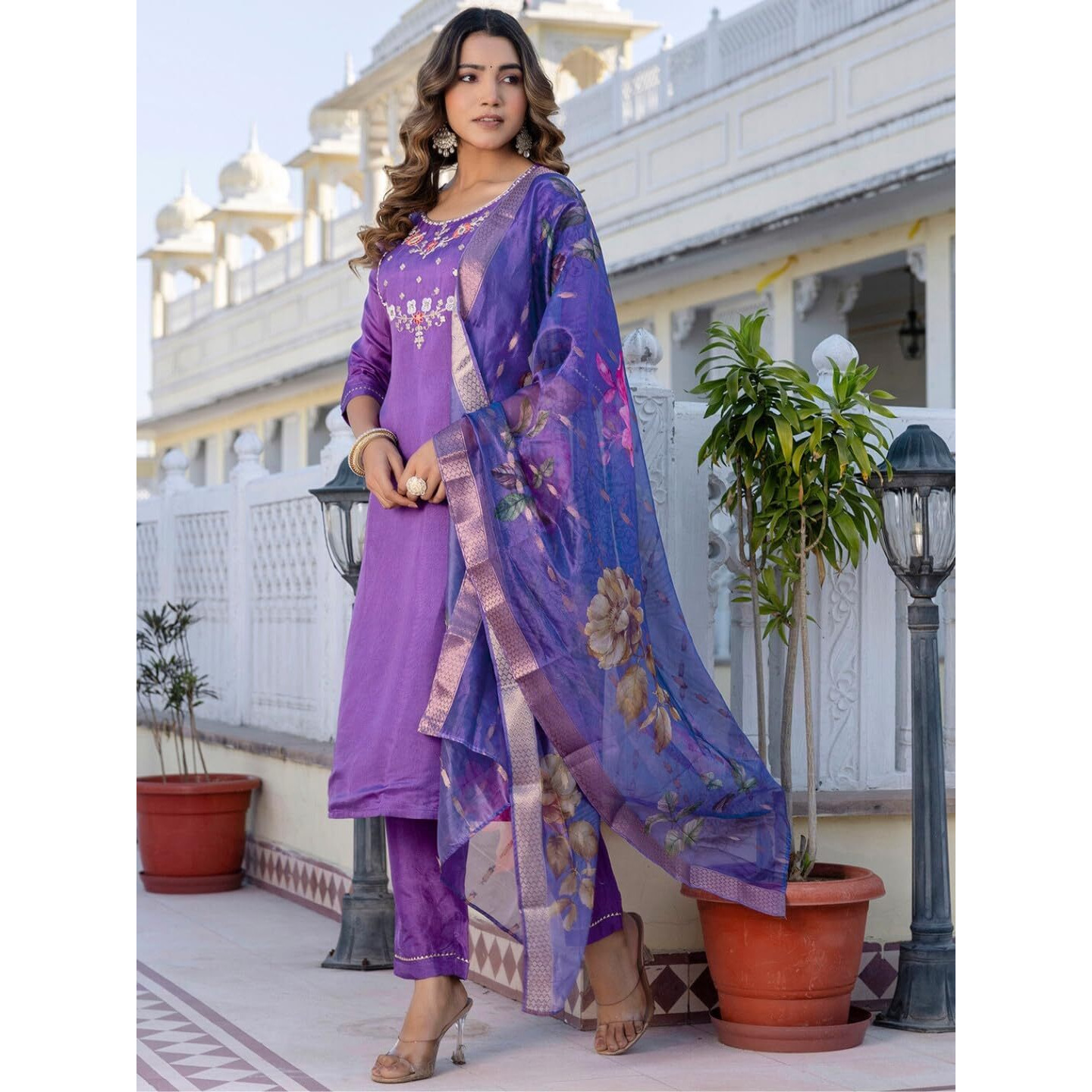 Navlik Women's Viscose Embroidered Straight Kurta with Pant and Dupatta Sets (NK-665) (Size Medium, Color Purple)