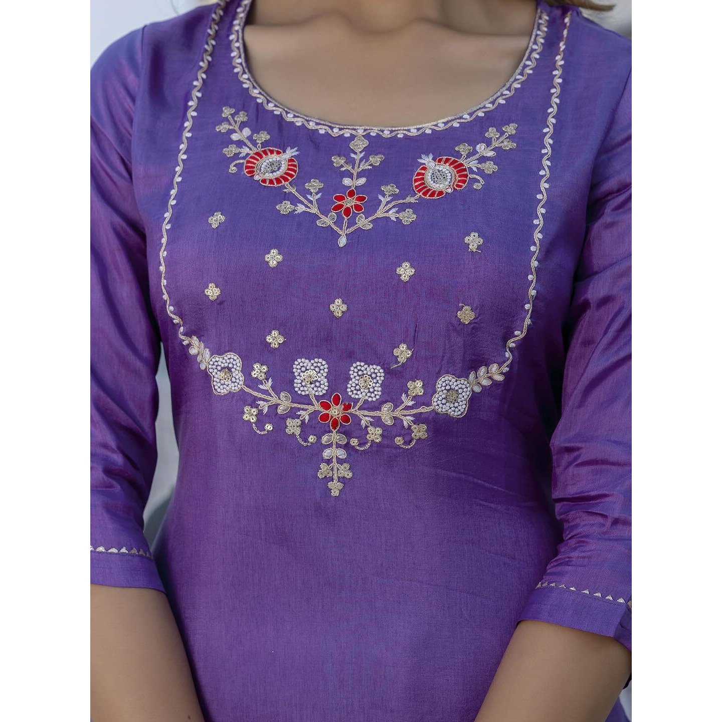 Navlik Women's Viscose Embroidered Straight Kurta with Pant and Dupatta Sets (NK-665) (Size Medium, Color Purple)