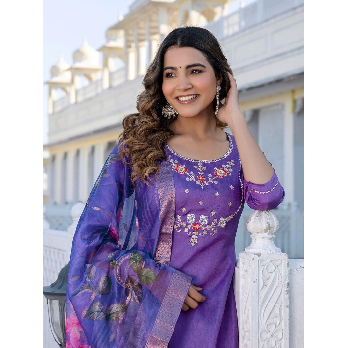 Navlik Women's Viscose Embroidered Straight Kurta with Pant and Dupatta Sets (NK-665) (Size Medium, Color Purple)