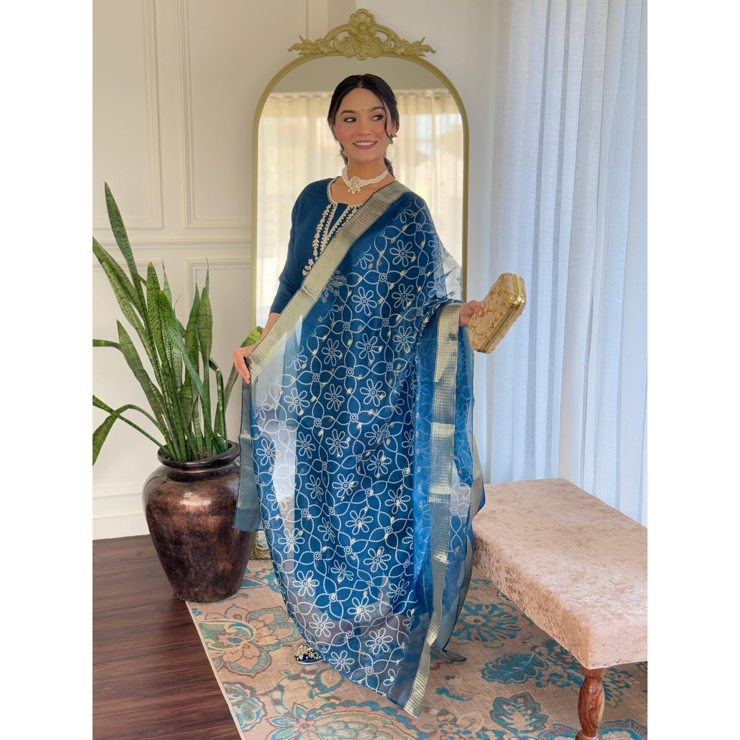 Navlik Women's Rayon Embroidered Straight Kurta with Pant and Dupatta Sets (NK-671) (Size XX-Large, Color Petrol)