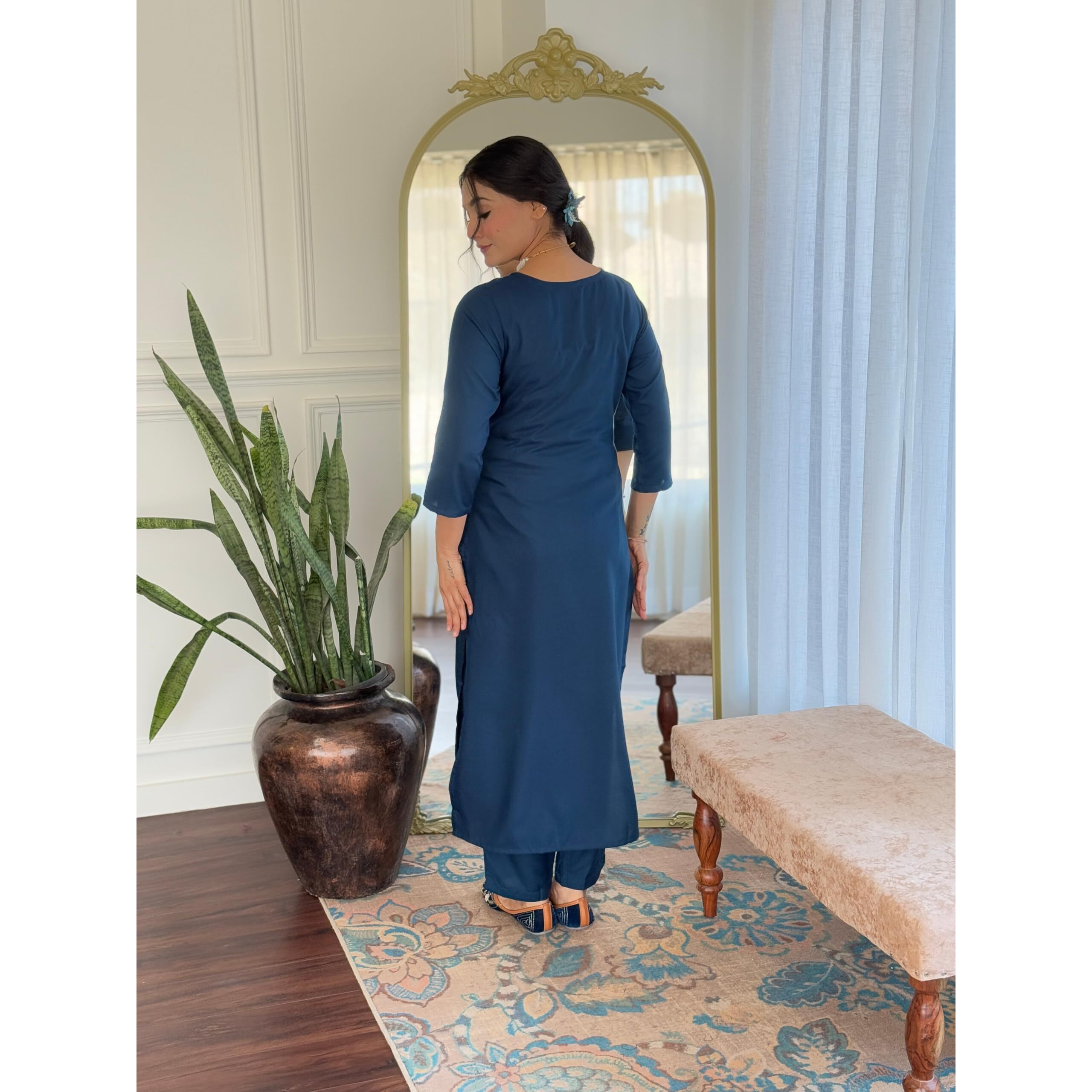 Navlik Women's Rayon Embroidered Straight Kurta with Pant and Dupatta Sets (NK-671) (Size XX-Large, Color Petrol)
