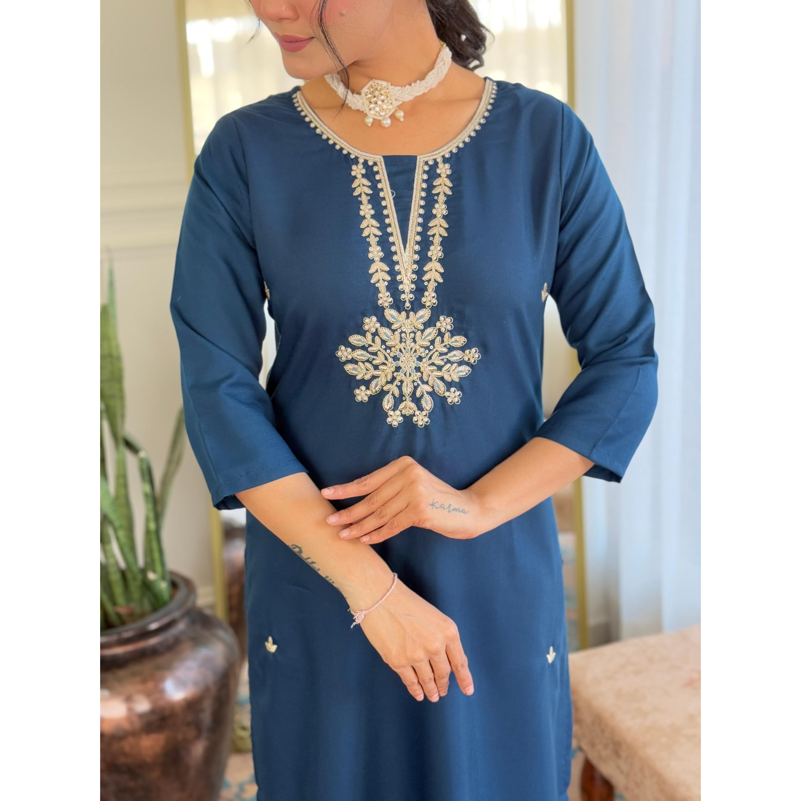 Navlik Women's Rayon Embroidered Straight Kurta with Pant and Dupatta Sets (NK-671) (Size XX-Large, Color Petrol)
