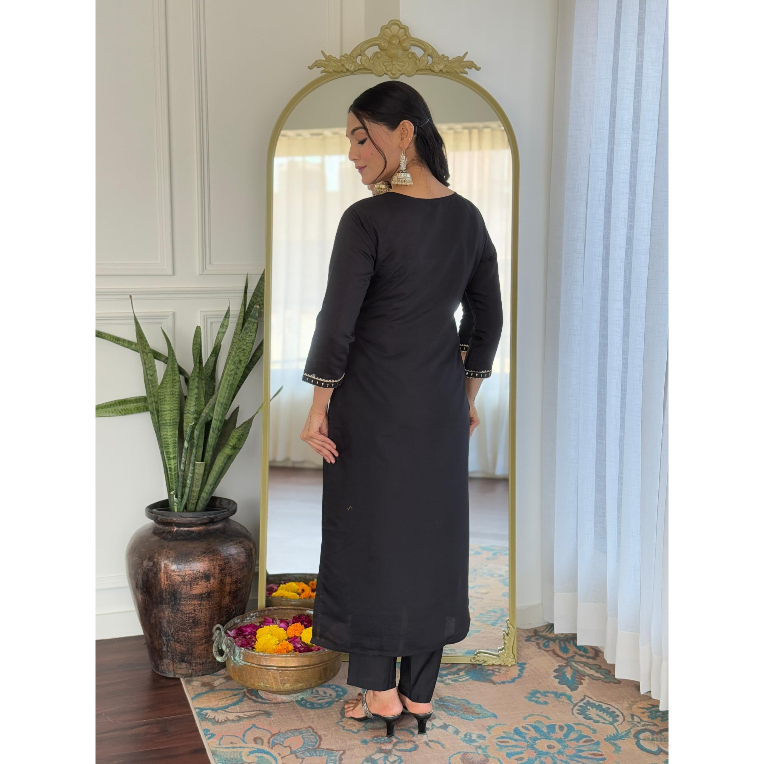 Navlik Women's Rayon Embroidered Straight Kurta with Pant and Dupatta Sets (NK-673) (Size XXX-Large, Color Black)