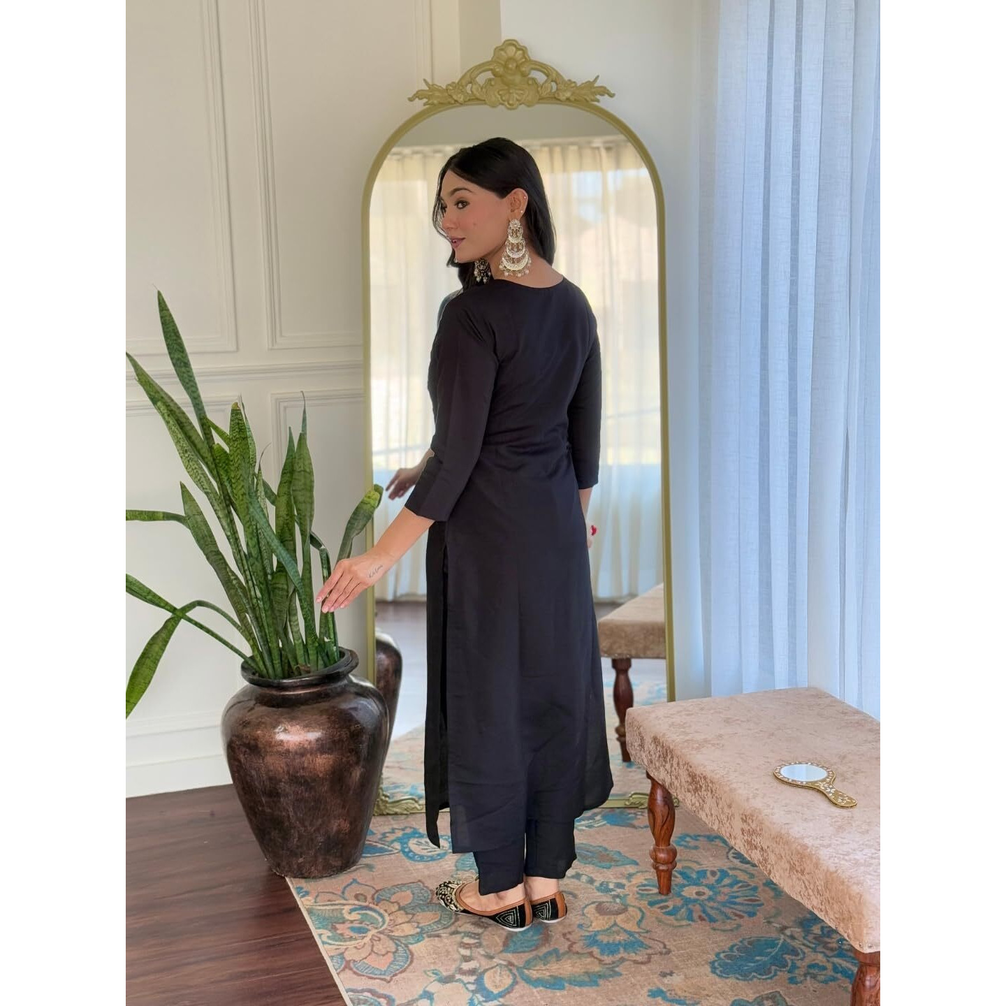 Navlik Women's Viscose Embroidered Straight Kurta with Pant and Dupatta Sets (NK-674) (Size Medium, Color Black)