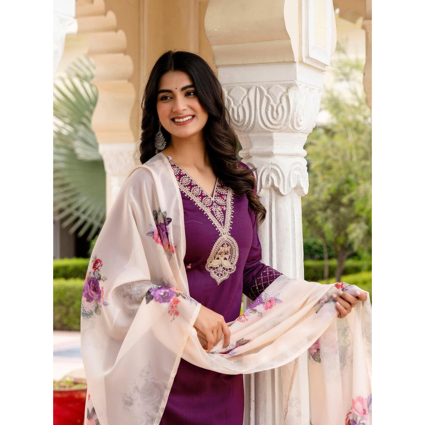 Navlik Women's Rayon Slub Embroidered Straight Kurta with Pant and Dupatta Sets (NK-675) (Size XXX-Large, Color Wine)