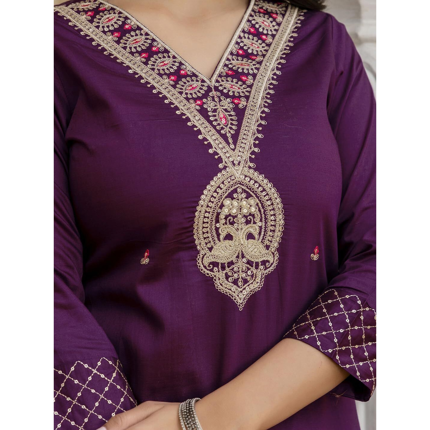 Navlik Women's Rayon Slub Embroidered Straight Kurta with Pant and Dupatta Sets (NK-675) (Size Small, Color Wine)