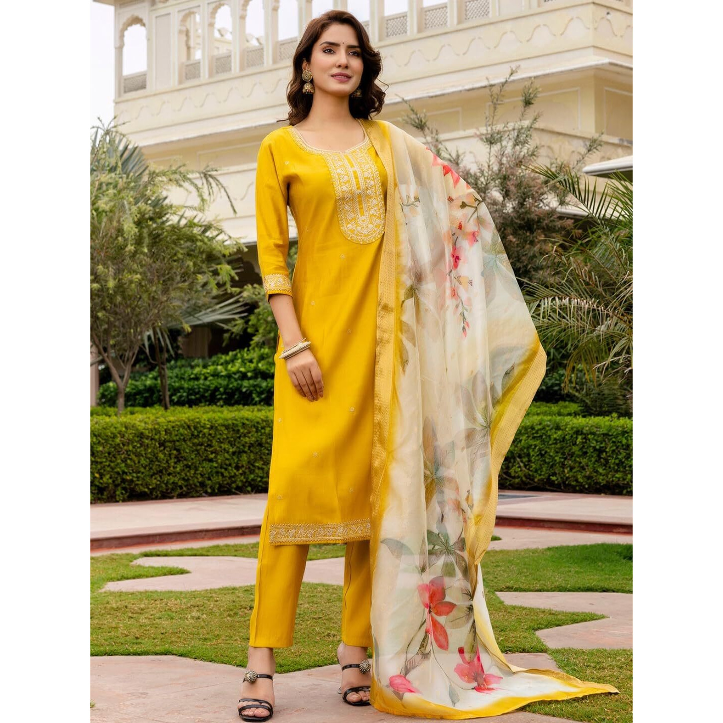 Navlik Women's Viscose Embroidered Straight Kurta with Pant and Dupatta Sets (NK-681) (Size Large, Color Mustard)