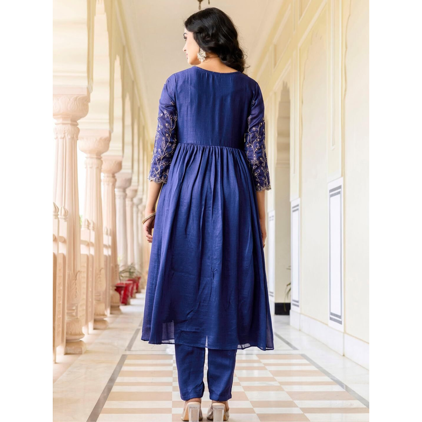 Navlik Women's Vichitra Silk Embroidered Flared Kurta with Pant and Dupatta Sets (NK-688) (Size XX-Large, Color Blue)