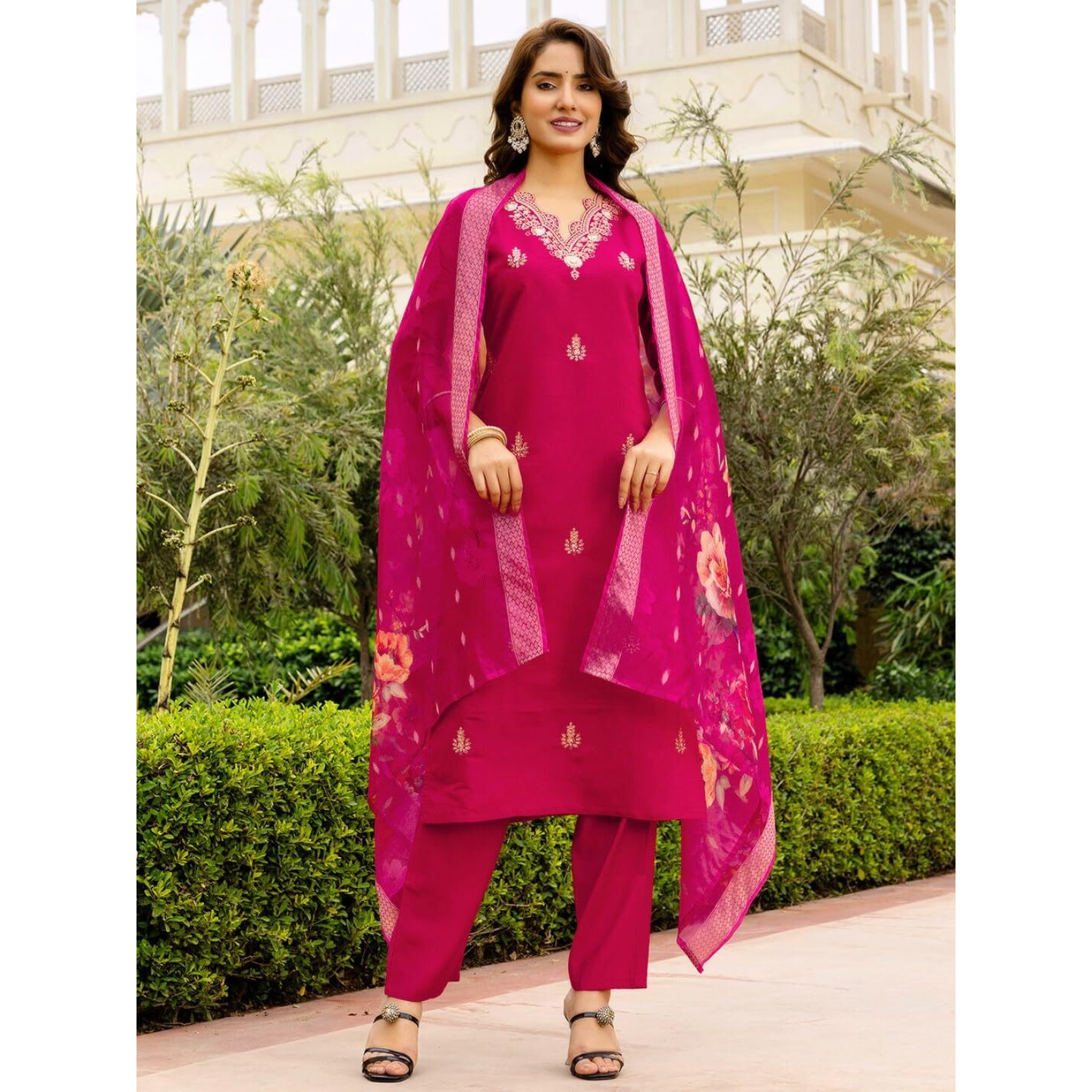 Navlik Women's Viscose Embroidered Straight Kurta with Pant and Dupatta Sets (NK-690) (Size Medium, Color Gajri)
