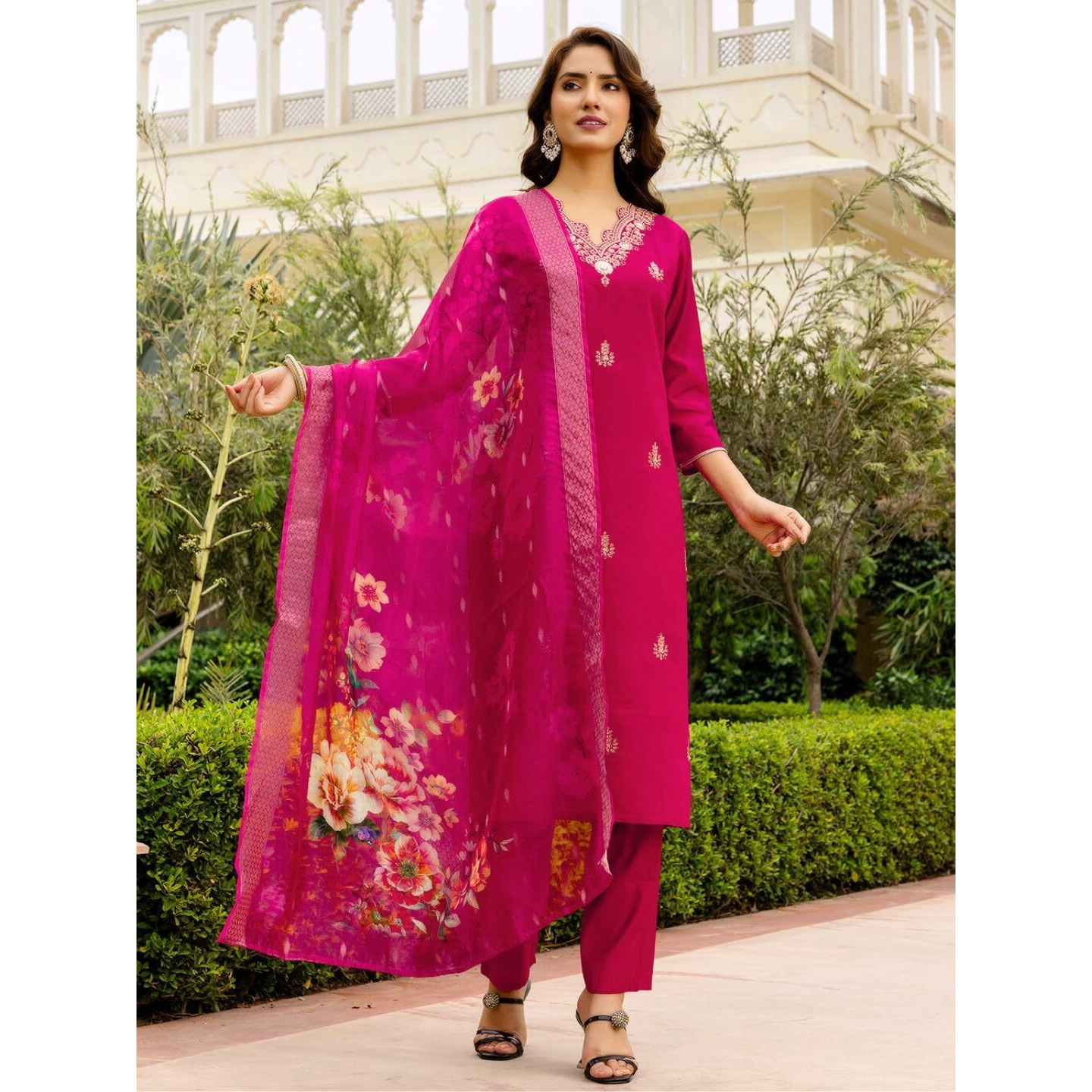 Navlik Women's Viscose Embroidered Straight Kurta with Pant and Dupatta Sets (NK-690) (Size Small, Color Gajri)