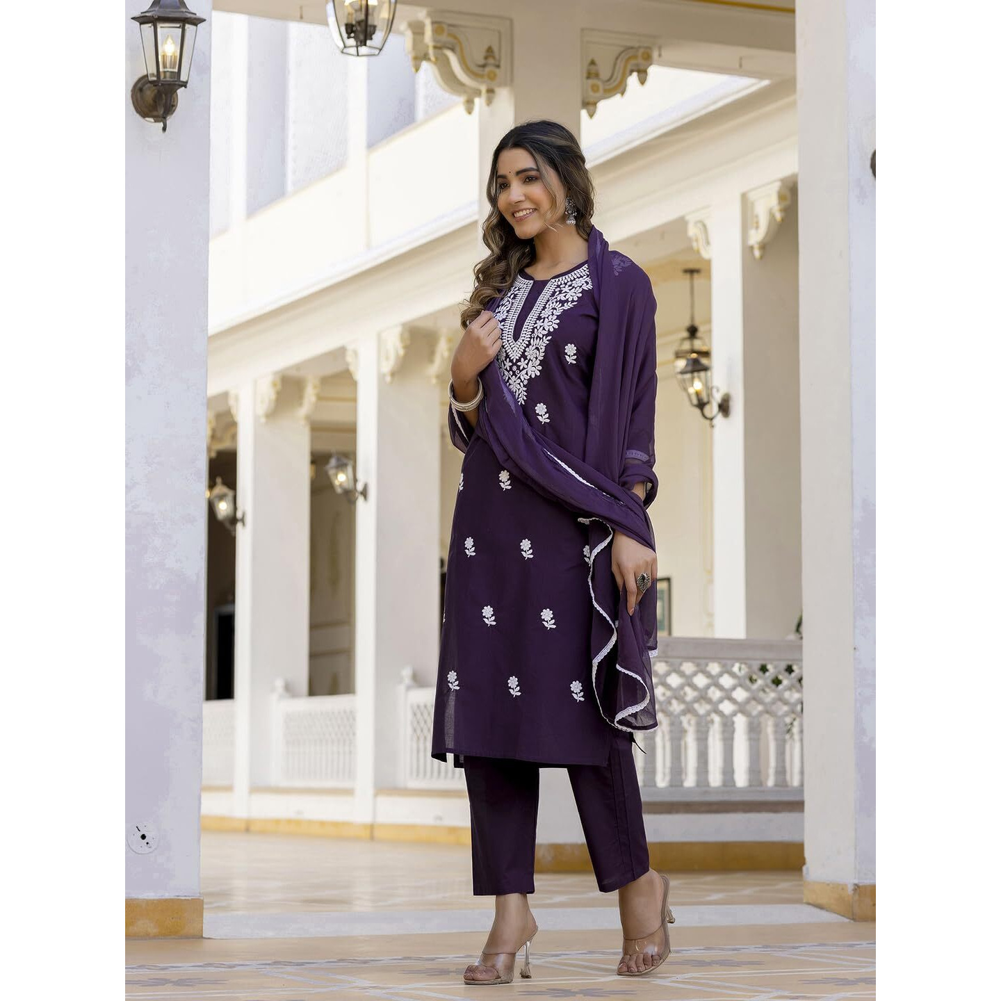 Navlik Women's Cotton Embroidered Straight Kurta with and Dupatta Sets (NK-691) (Size Medium, Color Violate)